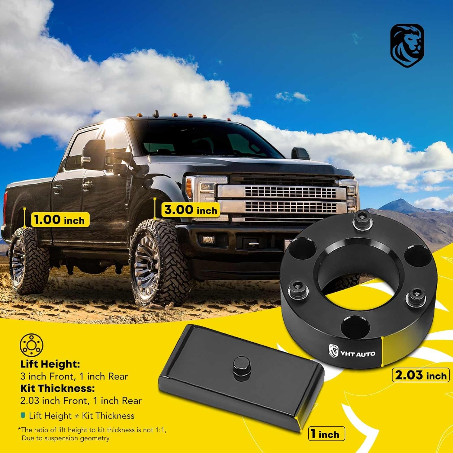 YHTAUTO 3 inch Front and 1 inch Rear Leveling Lift Kit w/Strut Spacers, Lift Blocks, Extended Square U-Bolts & Hardwares Compatible with 2007-2019 Chevy Silverado 1500 & GMC Sierra 1500, Set of 8