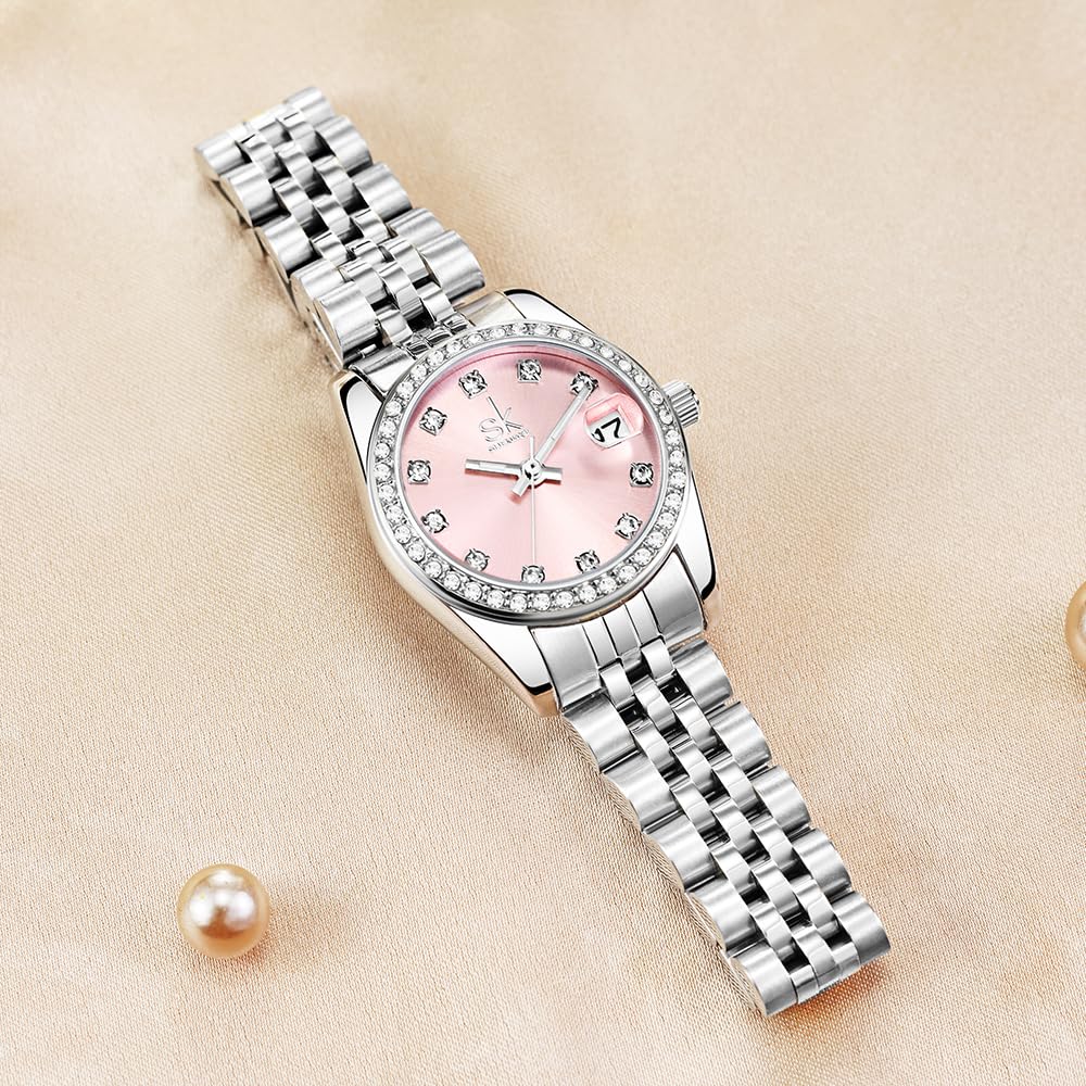 SHENGKE Donna cristallo accentato con banda in lega d'acciaio solido orologio Elegante vestito orologi al quarzo calendario per le donne