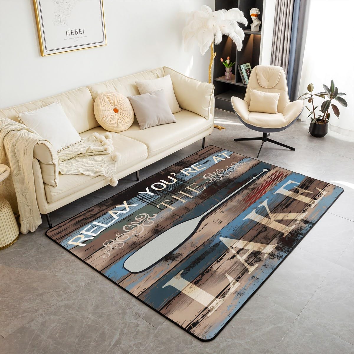 jejeloiu Lake Rules Decorative Area Rug, Welcome to The Lake Square Accent Rug Set for Couch Bedroom Living Room,Lake House Decor Brown Decorative Rug