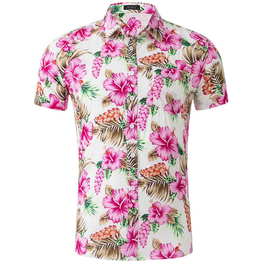 Camicia Maniche Corte Uomo, Camicia A Fiori da Uomo Stampa Fiori Rosa Camicia Hawaiana Bianca Camicia A Maniche Corte con Colletto Cubano Camicia da Spiaggia da Uomo Button Down Top