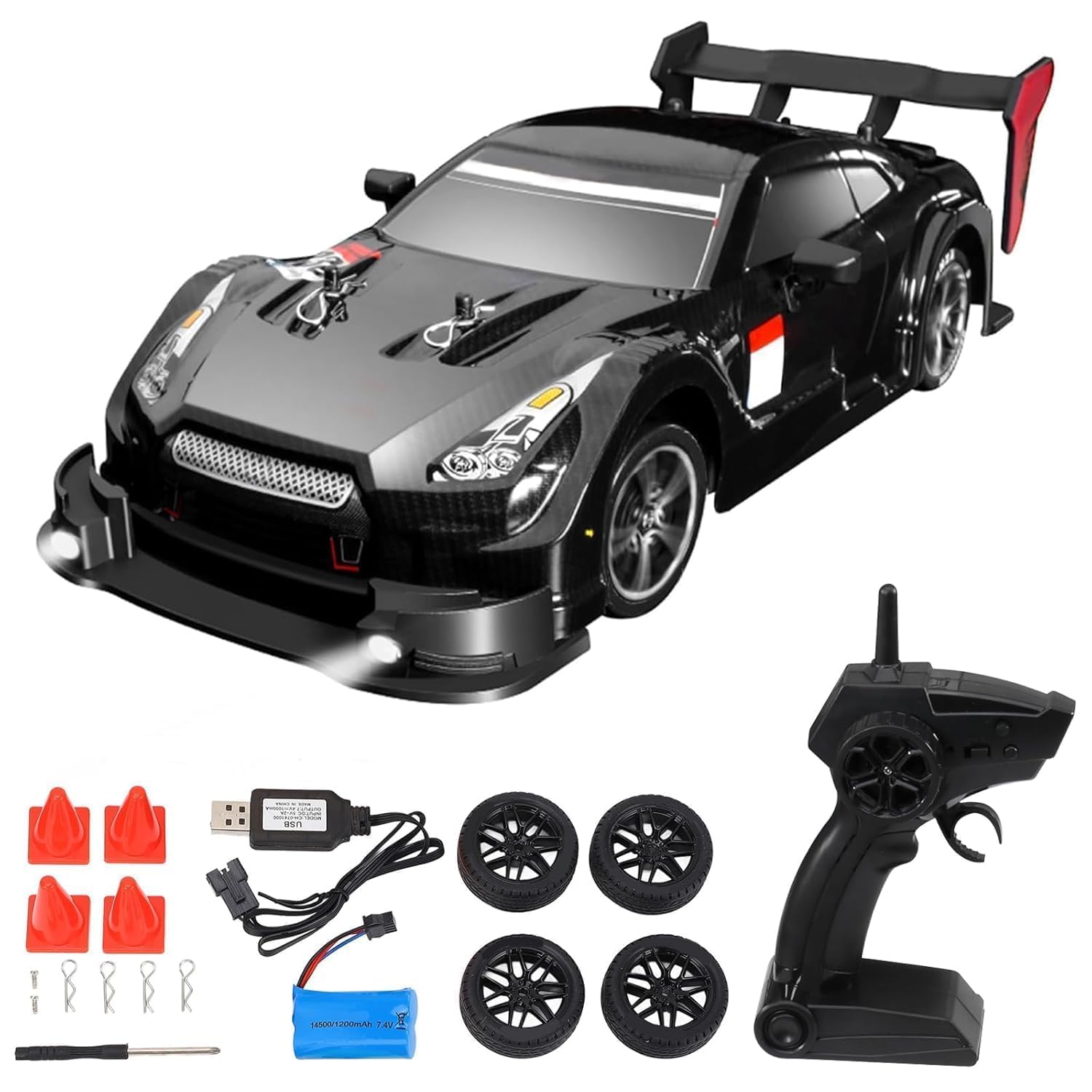 Favrallo 1/16 Rc Drift Car - High-Speed Remote Control Car with Led Lights, 2.4Ghz, Rechargeable Battery, Drift Tires - Hobby Grade Rc Car for Kids & Adults, Black