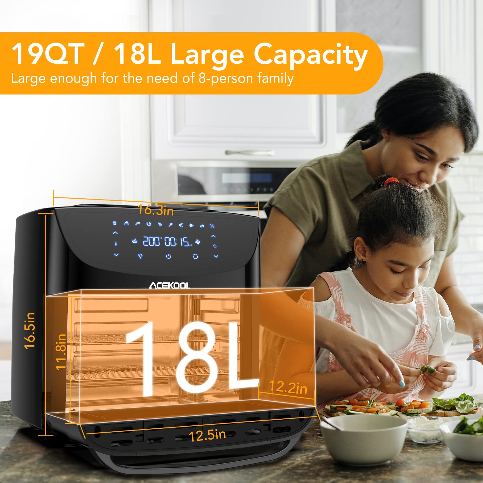 Acekool Friggitrice ad Aria 18 Litri, Friggitrice ad Aria Calda 12 in 1, 7 Accessori e Ricettario, Friggitrice senza Olio da 1800W, con LED Touch Screen, Friggere, Griglia, Forno, Arrostir