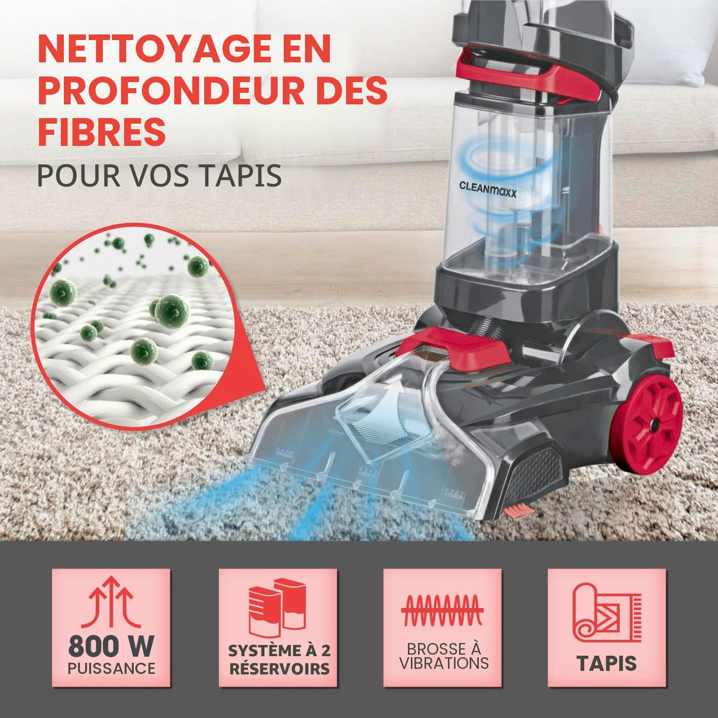 CLEANmaxx Nettoyeur de tapis | 3 en 1 : Laver, nettoyer, aspirer | Aspirateur à eau avec brosses vibrantes & brosses latérales | Aspirateur laveur, aspirateur à sec - pour presque tous les tapis