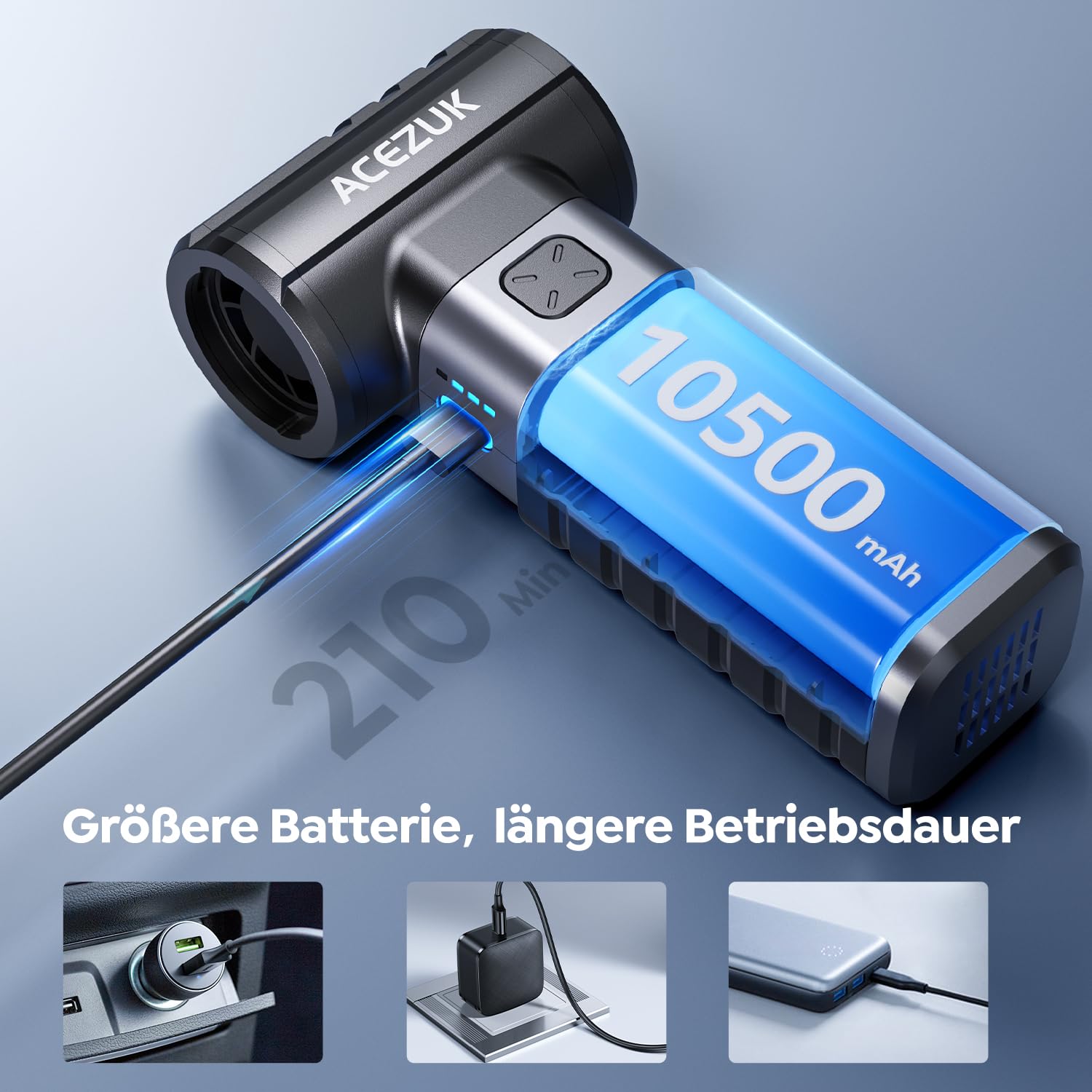 ACEZUK Elektrische Staubgebläse Druckluftspray 200000 U/min für PC Reinigungsset,10500mah Compressed Air, 4-Gang Air Duster Luftdruckspray mit Akku, Tastatur Reinigung für PC, Elektronik, Sofa, Auto