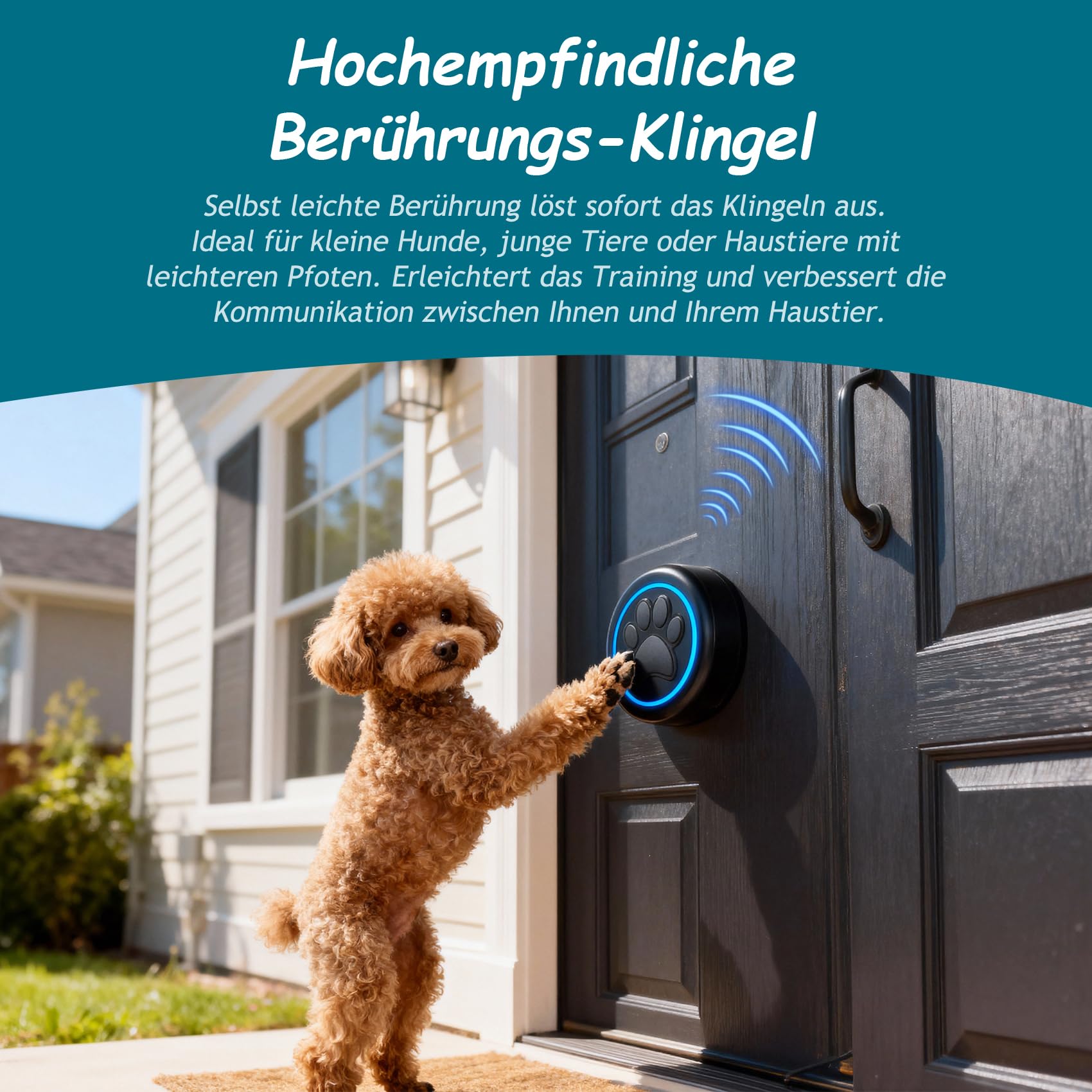A88 Katzenklingel & Hundeklingel – Kabellose Türklingel mit Touch-Sensor, 300 m Reichweite, LED, 60 Melodien, Wasserdicht, Buzzer Hund, Katzen Klingel Tür Außenbereich (1 Klingeltaster + 1 Empfänger)