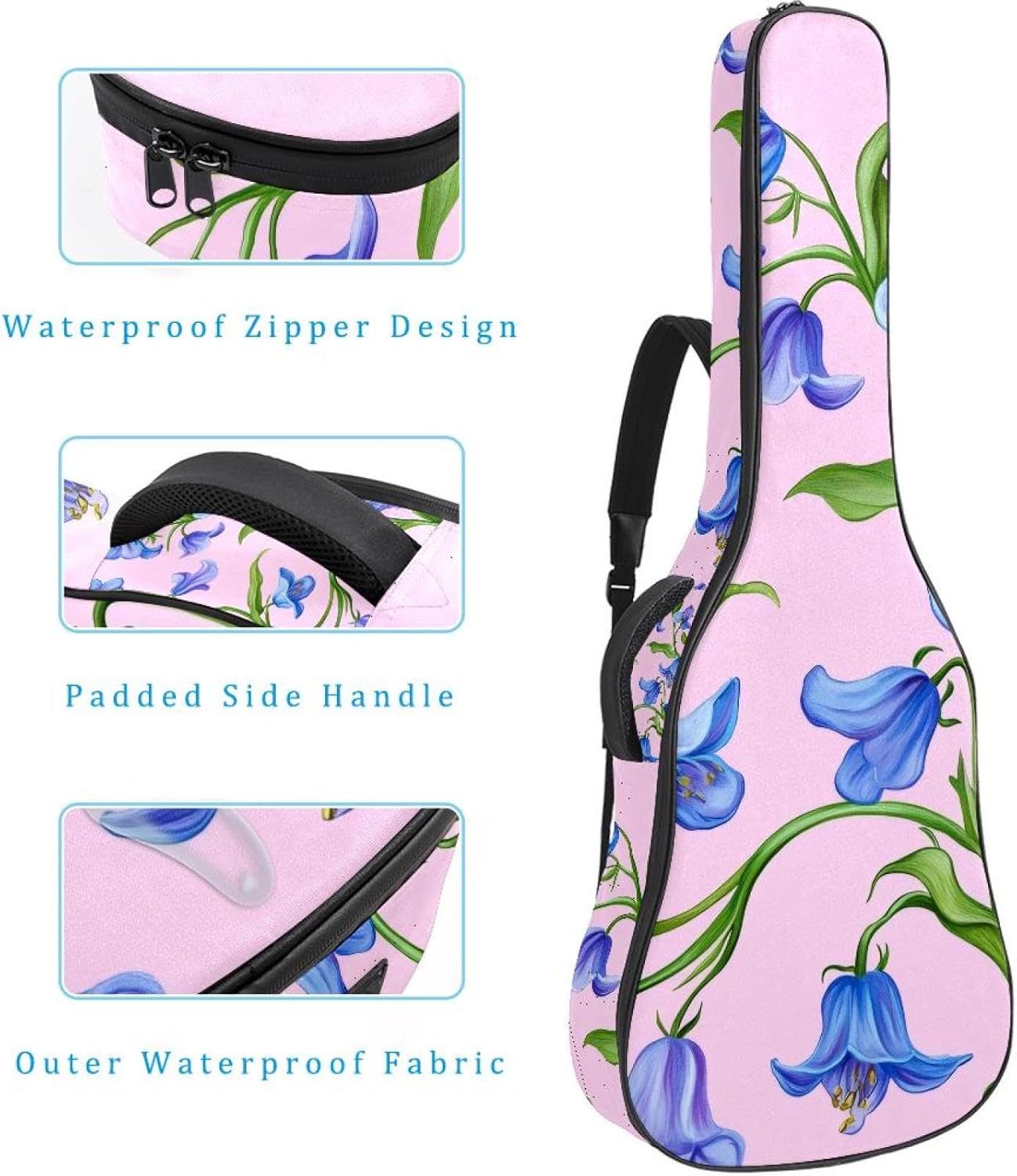 40 41 42 Inch Acoustic Guitar Bag, 0.4 In Thick Sponge Padded Guitar Case Gig Bag with Back Hanger Loop and 2 Pockets, Blue Bluebells Flowers on Pink Background