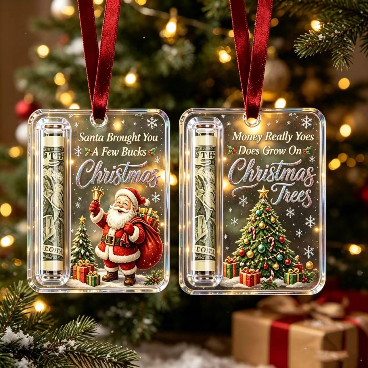 Christmas Cash & Treat Holder Ornament, 3.94" Personalized Cash Gift Holder Hanging Ornaments, Acrylic Christmas Money Holder Ornaments for Gifting Cash, Funny Ways to Gift Money for Xmas Tree (2PCS)