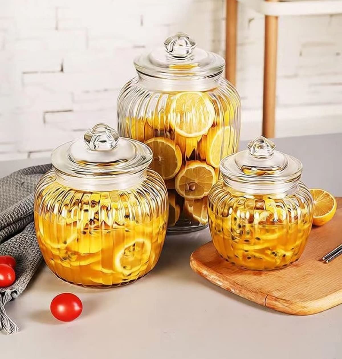 Set di 3 barattoli di vetro con coperchio, grandi barattoli per biscotti in vetro trasparente per cucina, per pasta, farina, cereali, caramelle, caffè, chicchi di biscotti