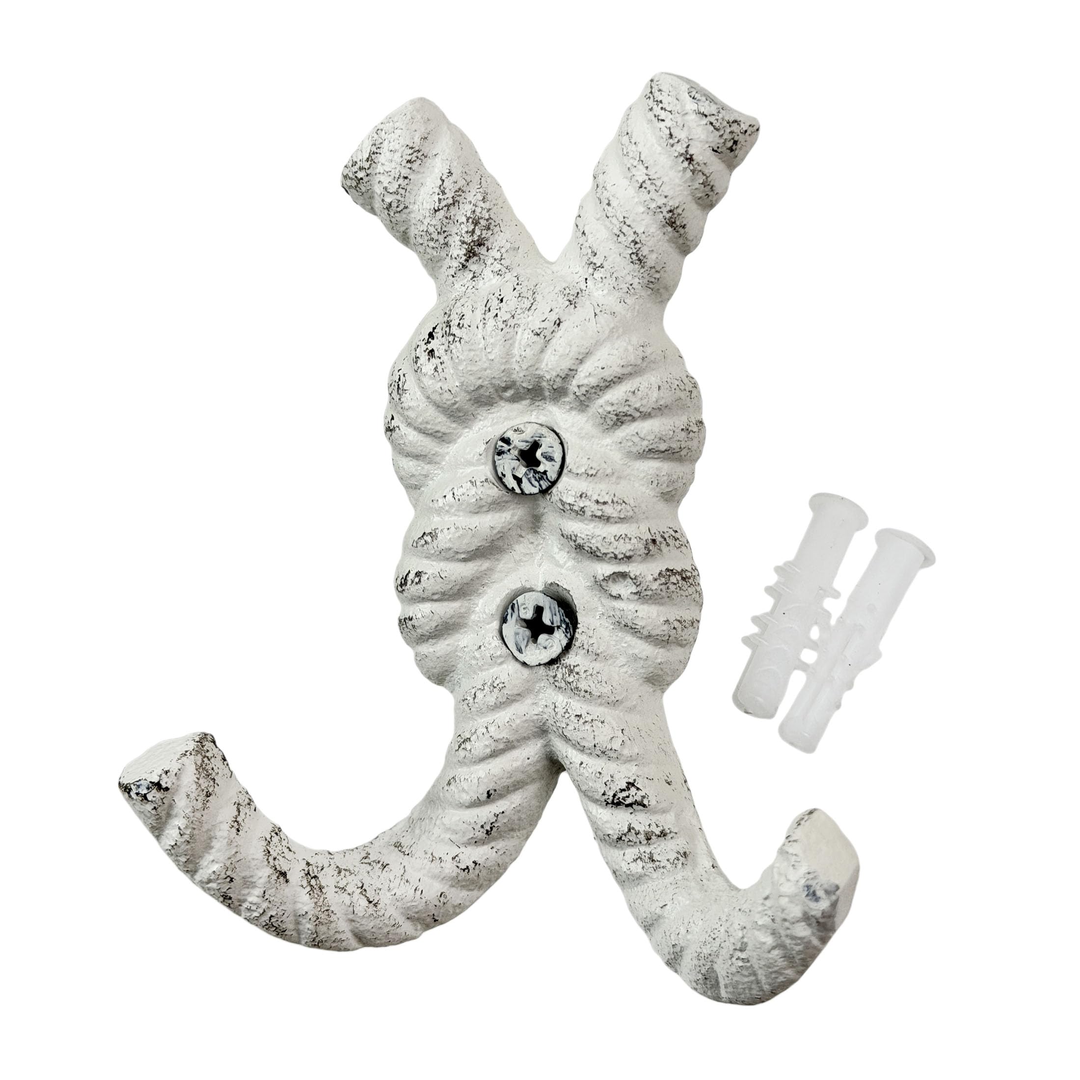 Zeckos Lot de 3 crochets muraux double en fonte avec nœud en fonte de 10,2 cm, décoration murale côtière blanc antique avec vis assorties pour plage, salle de bain, entrée, vestiaire ou chambre à
