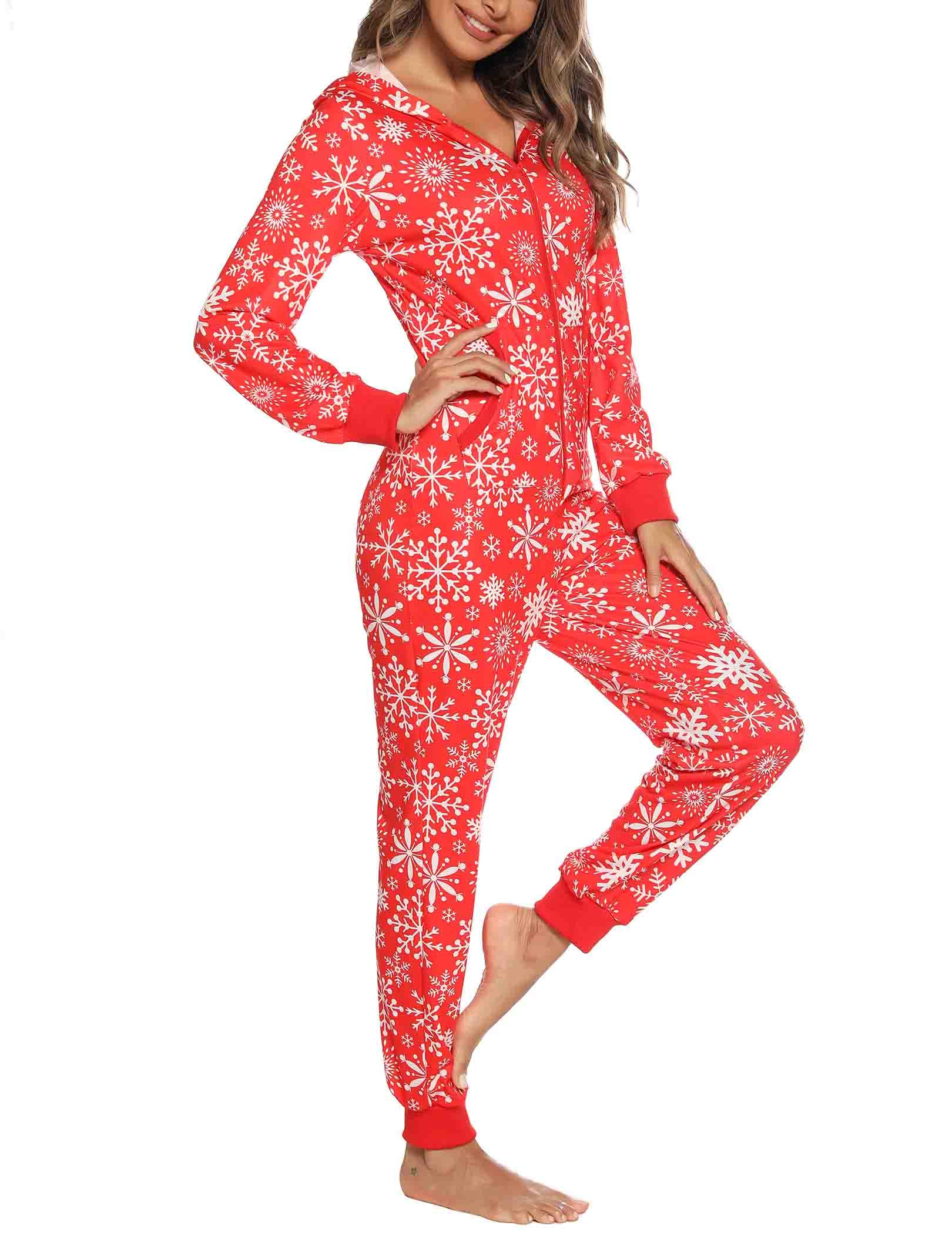 Damen Jumpsuit Onesie Overall One Piece Pyjamas Weihnachten Jumpsuit Hausanzug Schlafanzug Ganzkörperanzug Freizeitanzug Nachtwäsche Mit Kapuze & Reißverschluss