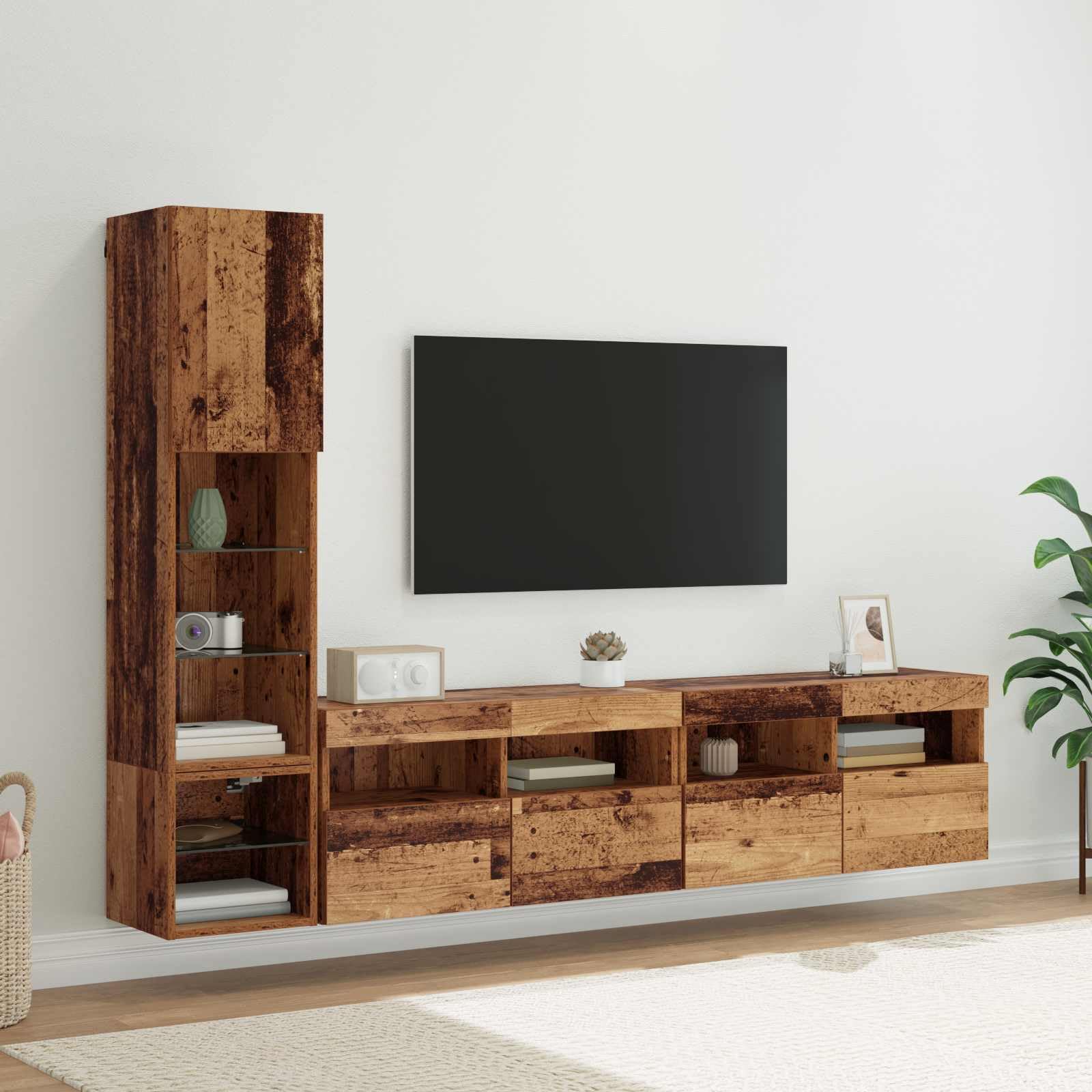 TV Wandmöbel aus Altholz Holzwerkstoff, Lowboard mit 15 Regalen, 5 Türen, Wandmontage für Wohnzimmer, Heimkino, Gaming Ecke, platzsparend mit LED und Stauraum
