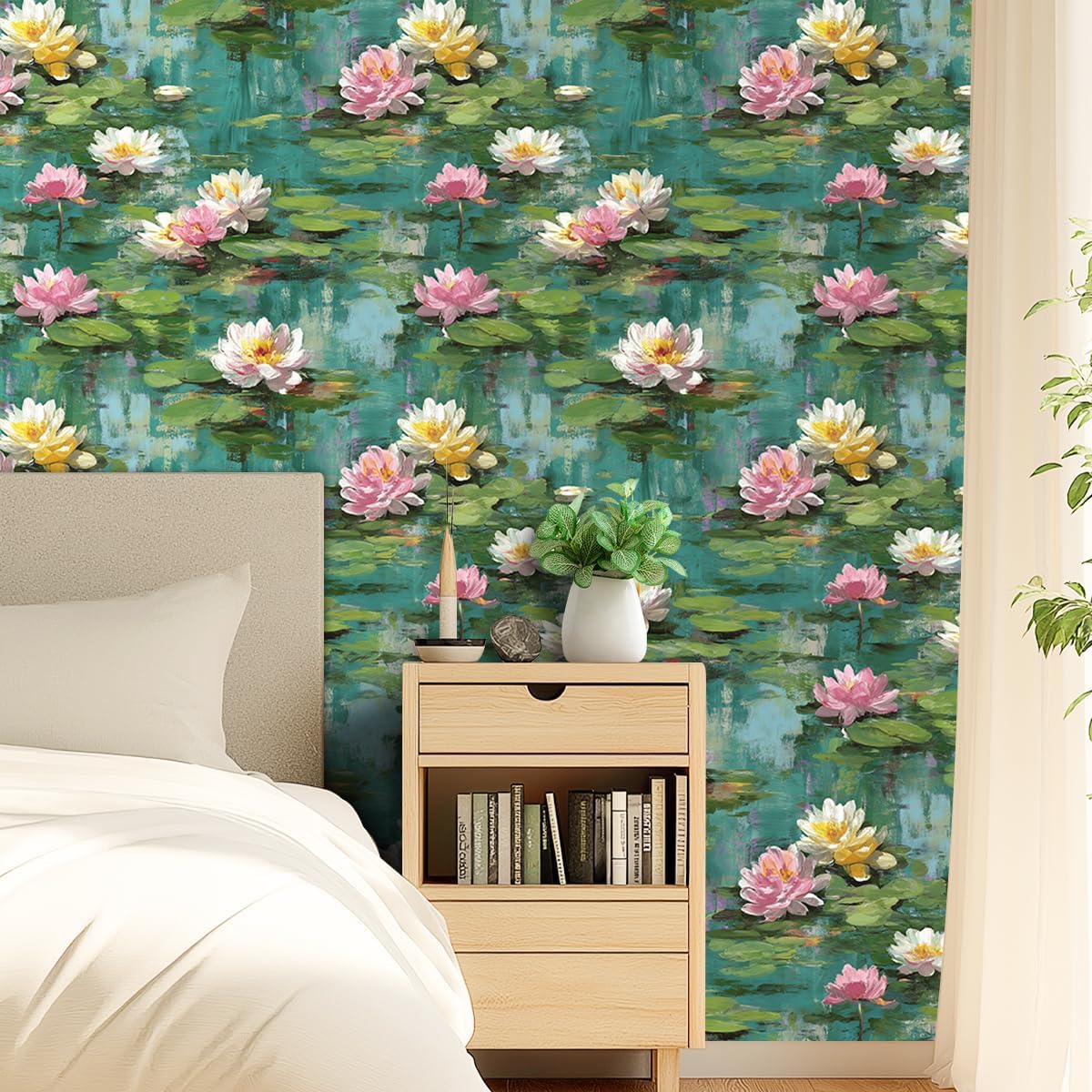 Lotus Removable Self-Adhesive Wallpaper for Bedroom & Living Room Decor 17.7×236 Inch,Waterproof Wall Covering for Accent Walls, Apartment, Nursery