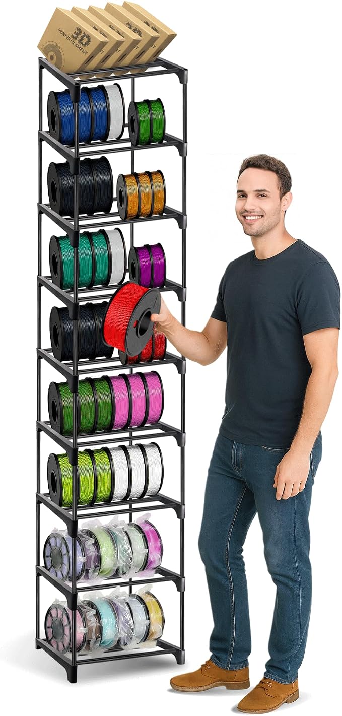 9-Tier 3D Printer Filament Spool Storage Rack with Anti-Tip Kit, 3D Printing Filament Holder with Large Storage Space, Stand Organizer Can Store Up to 54 Rolls and Gifts for 3d Printer Lovers