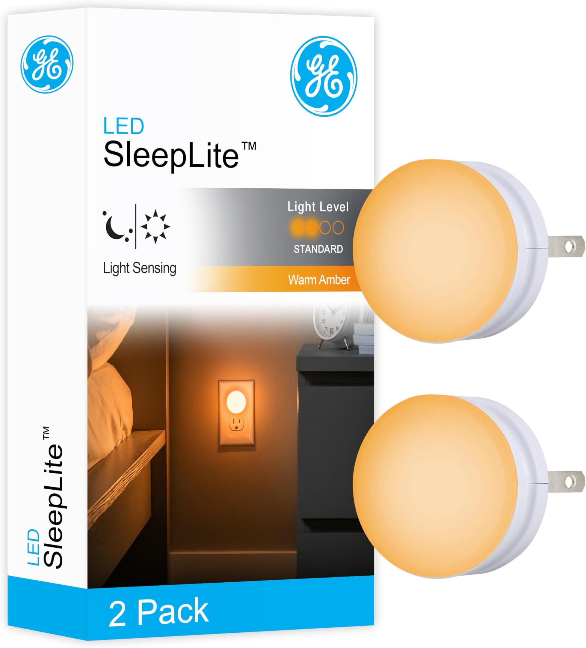 SleepLite LED Night Light, 2 Pack, Dusk-to-Dawn Sensor, Sleep Light, Dim Light, Warm Amber, Compact, Ideal for Bedroom, Nursery, Bathroom, Hallway, 45247, 2 Count