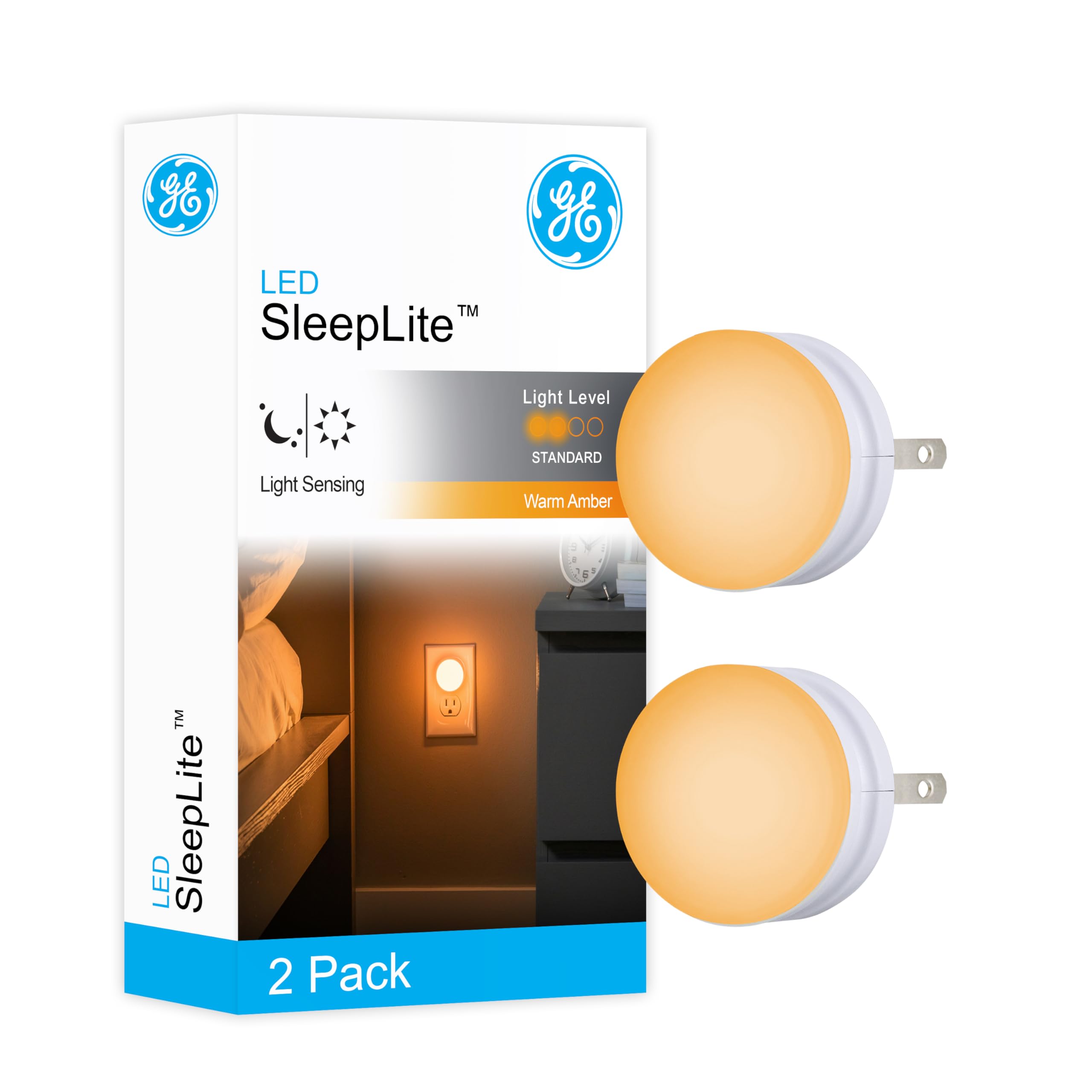 GE SleepLite LED Night Light, 2 Pack, Dusk-to-Dawn Sensor, Sleep Light, Dim Light, Warm Amber, Compact, Ideal for Bedroom, Nursery, Bathroom, Hallway, 45247, 2 Count