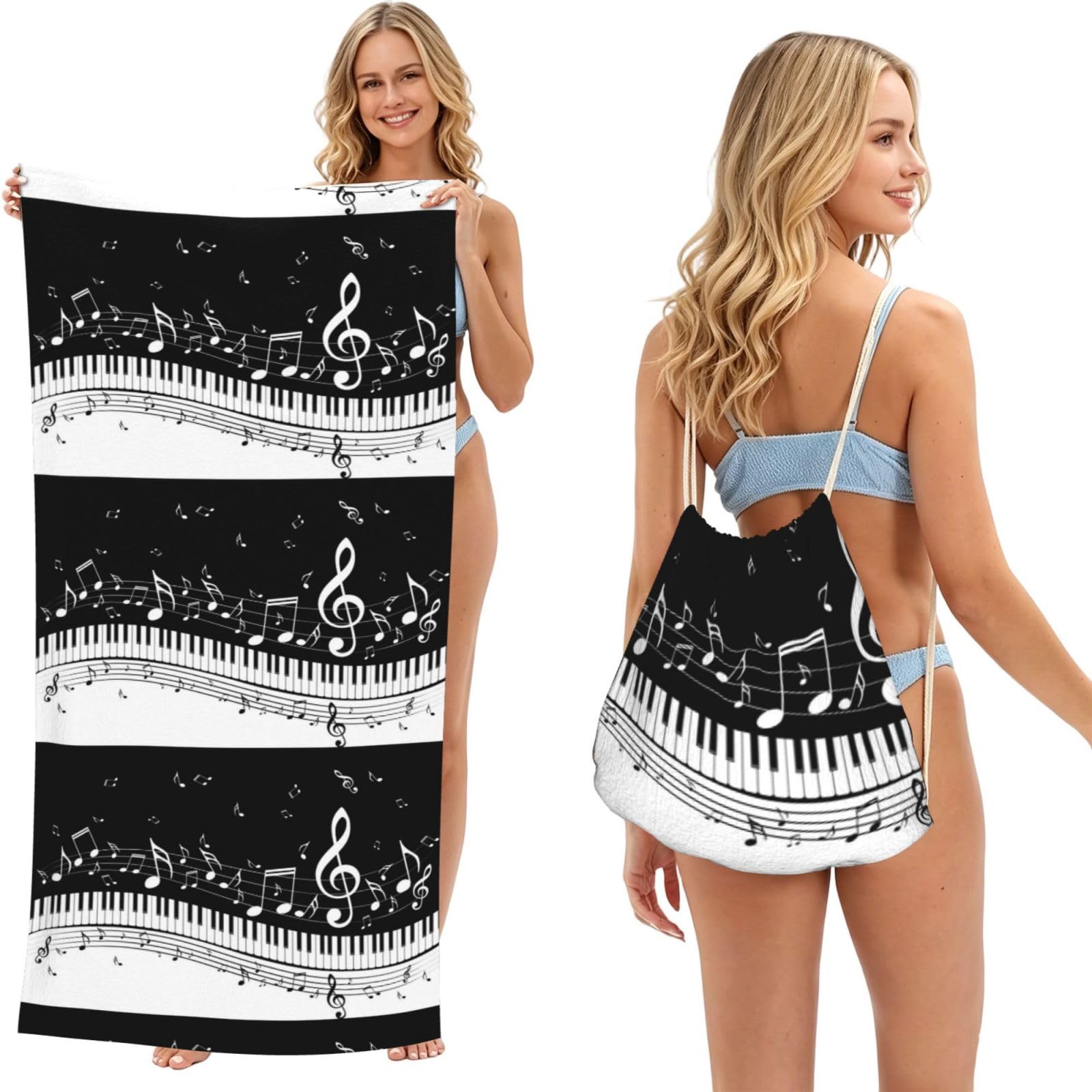 Poadnly As Picture Piano Keys With Musical Notes, 2 In 1 Packable Towel Bag, Beach Towels With Drawstring Backpack For Travel Holiday Camping