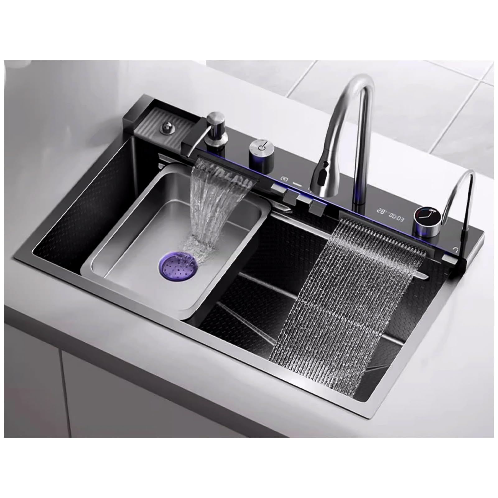 ZQFHSX Gold Waterfall Kitchen Workstation Sink, With Multi-function Faucet, Cup Washer, Drain Knob, Drinking Tap And Set, Large Bar Farmhouse Sink For Drop In (Color : Black, Size 75x