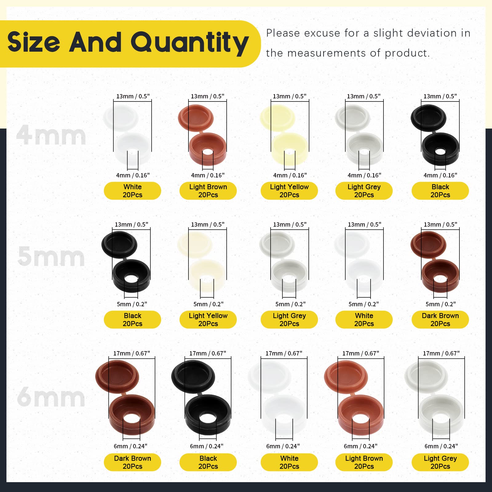 Mardatt 300Pcs Plastic Screw Cover Caps, 4/5/6mm Hinged Snap Covers Washer Flip Tops, Color Assortment Set (Black, White - Image 2