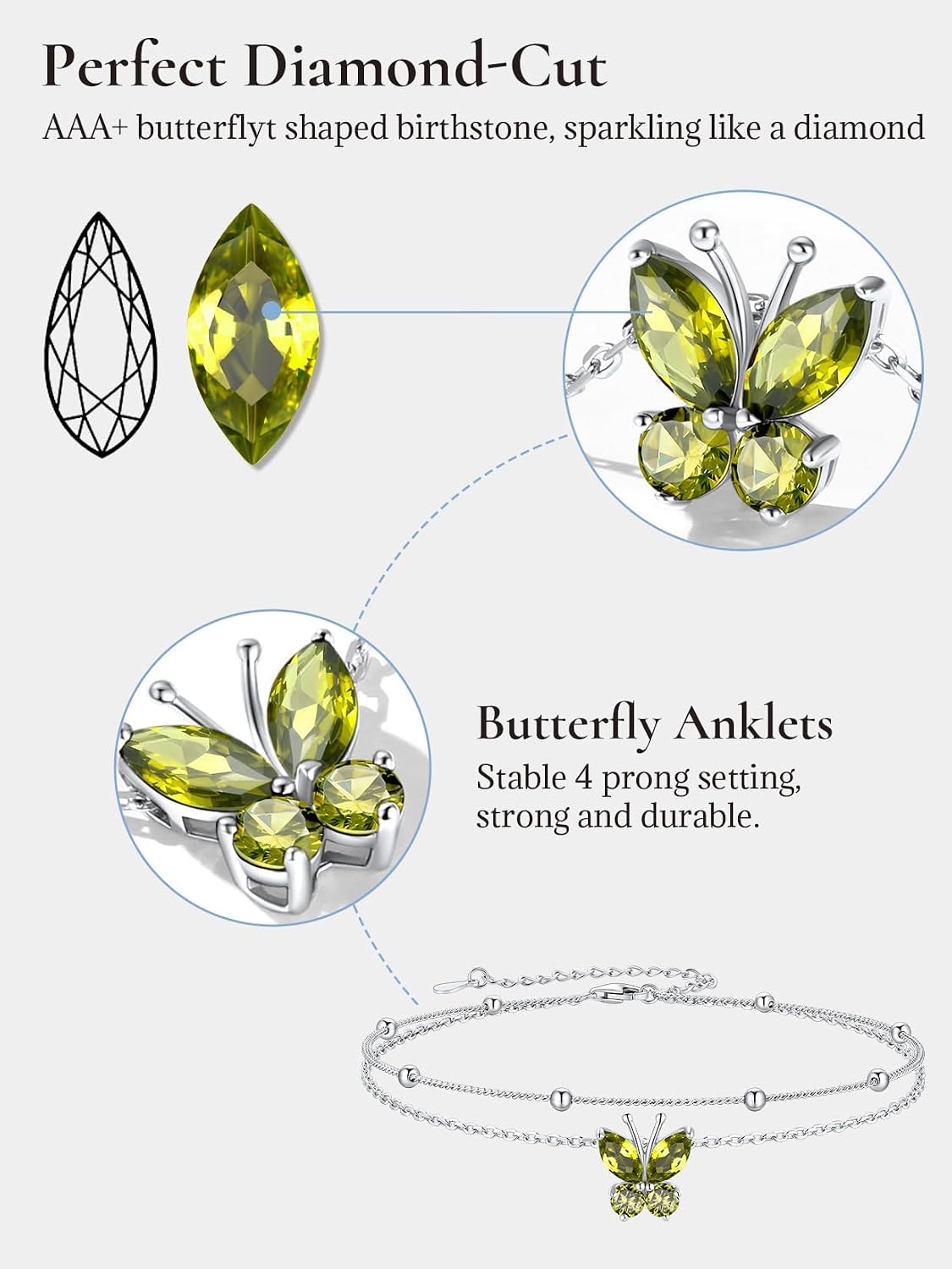 SILVERCUTE Silver Anklets for Women Cute Butterfly Jewelry 925 Sterling Silver Anklets Waterproof Summer Beach Foot Bracelet January to December Birthstone Anklet 22-27cm
