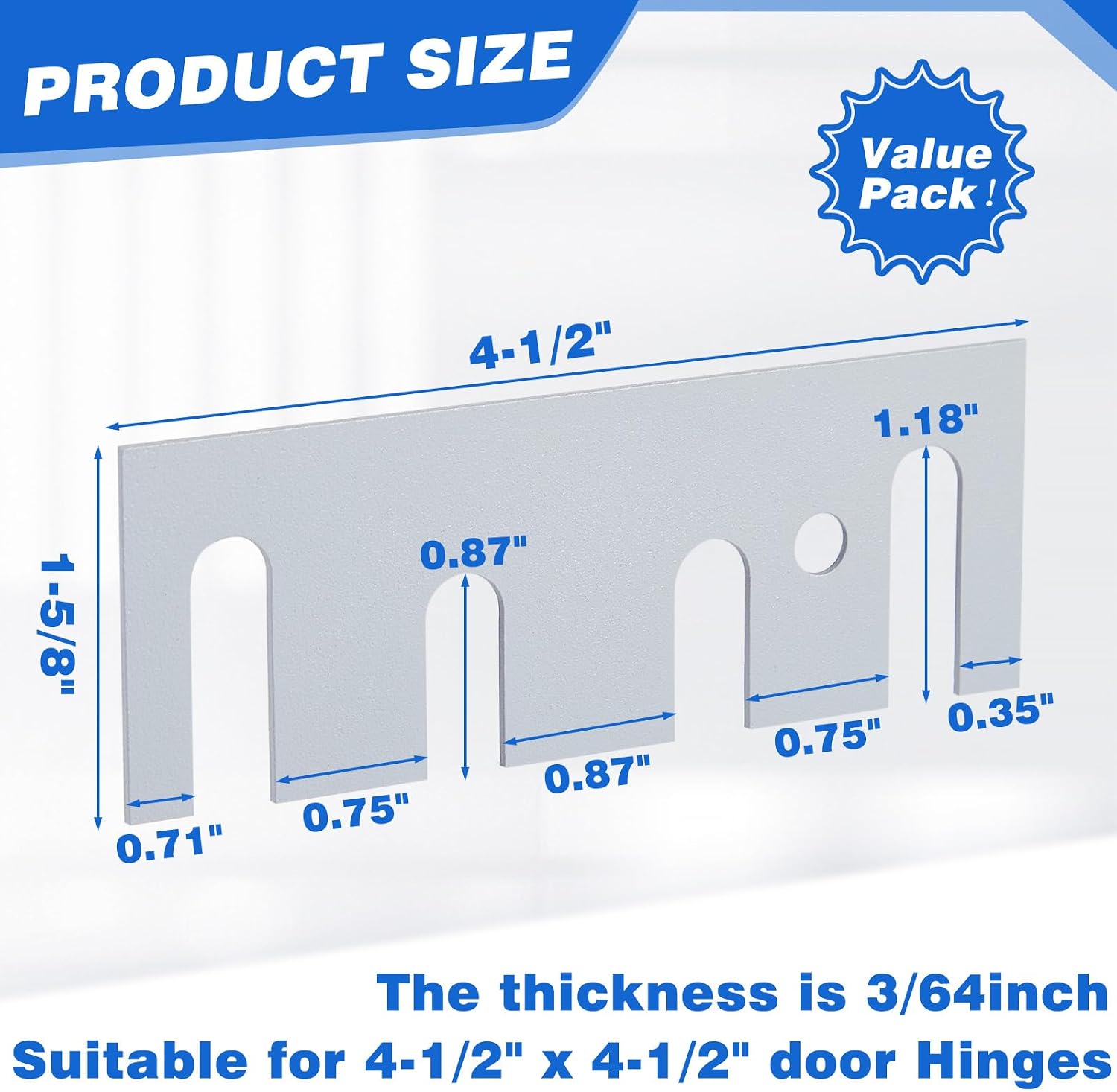 Ferraycle 16 Gauge Steel Hinge Shim Coated Finish Shims 4-1/2" Length x 1-5/8" Width Stainless Steel Door Hole Filler Plate for Door Hinge Repair Kit, Gray (1 Pack)