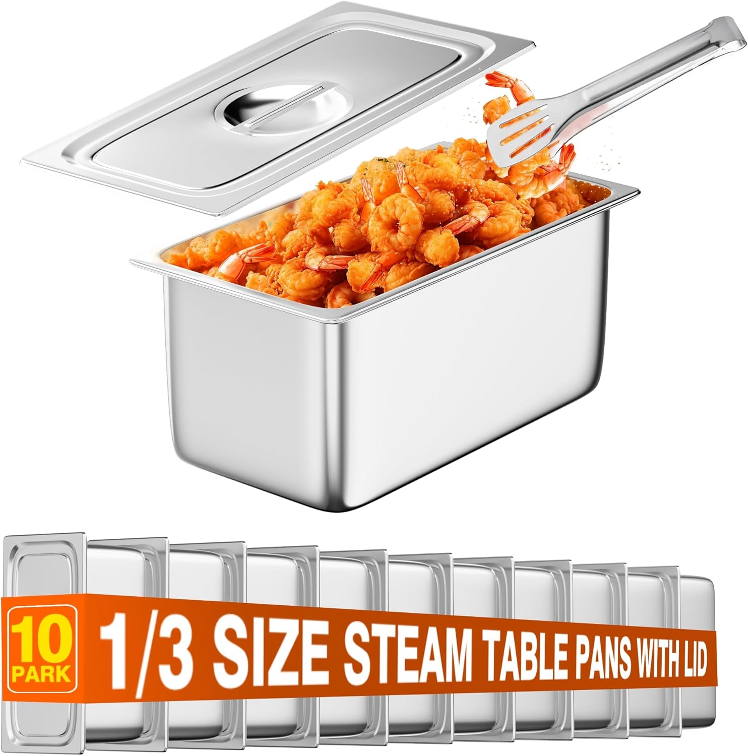 1/3 Size Hotel Pans with lids,10 Pack 6″ Inch Deep Commercial Steam Table Pans Third Size with lids,Stainless Steel Steam Pan Restaurant Anti Clogging Steamer for Party,Restaurant,Hotel