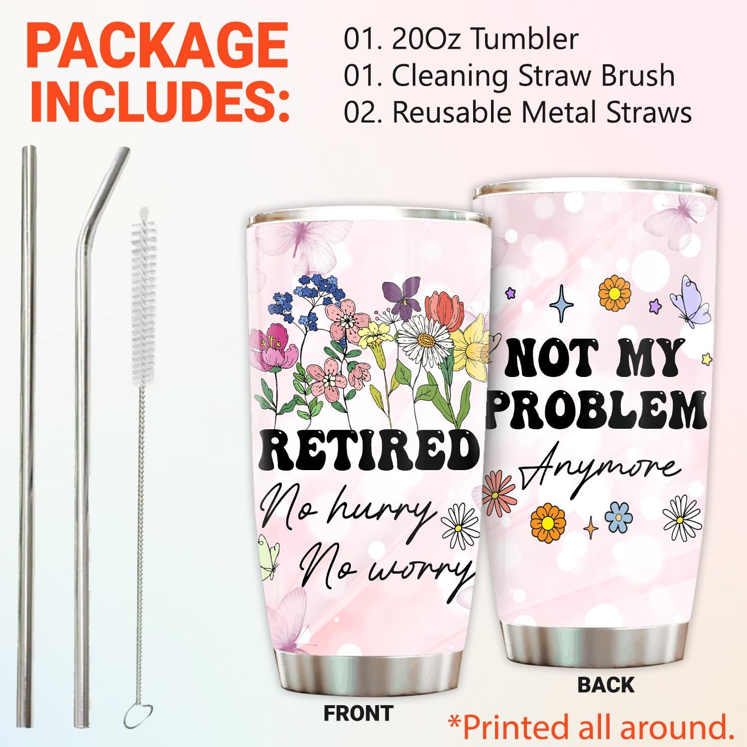 Retirement Gift For Woman - Tumbler Stainless Steel 20oz Straw and Lid, Funny Retired Gifts For Men Women, Happy Retirement Coffee Cups For Boss Staffs Coworker Work Friends - Image 2