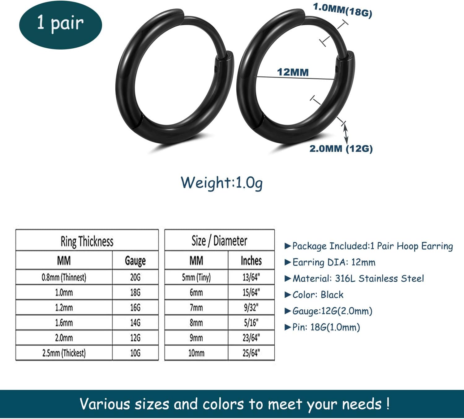 316L Surgical stainless steel hoop earrings 8mm/10mm/12mm Hypoallergenic Huggie Earrings Small Hoop Sliver Black Sleeper Earrings For Women Men - Image 2