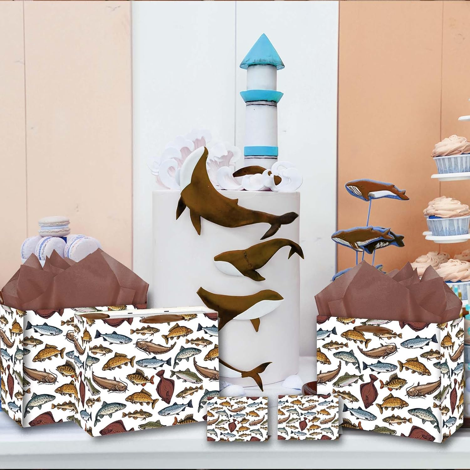 SUNDECO Large Fishing Gift Bag Fishing Party Favor Bag with Tissue Paper and Greeting Card Fish Wrapping Paper Fishing Gift Wrap Bag for Fishing Birthday Party Decorations for Women Man Angler image 2