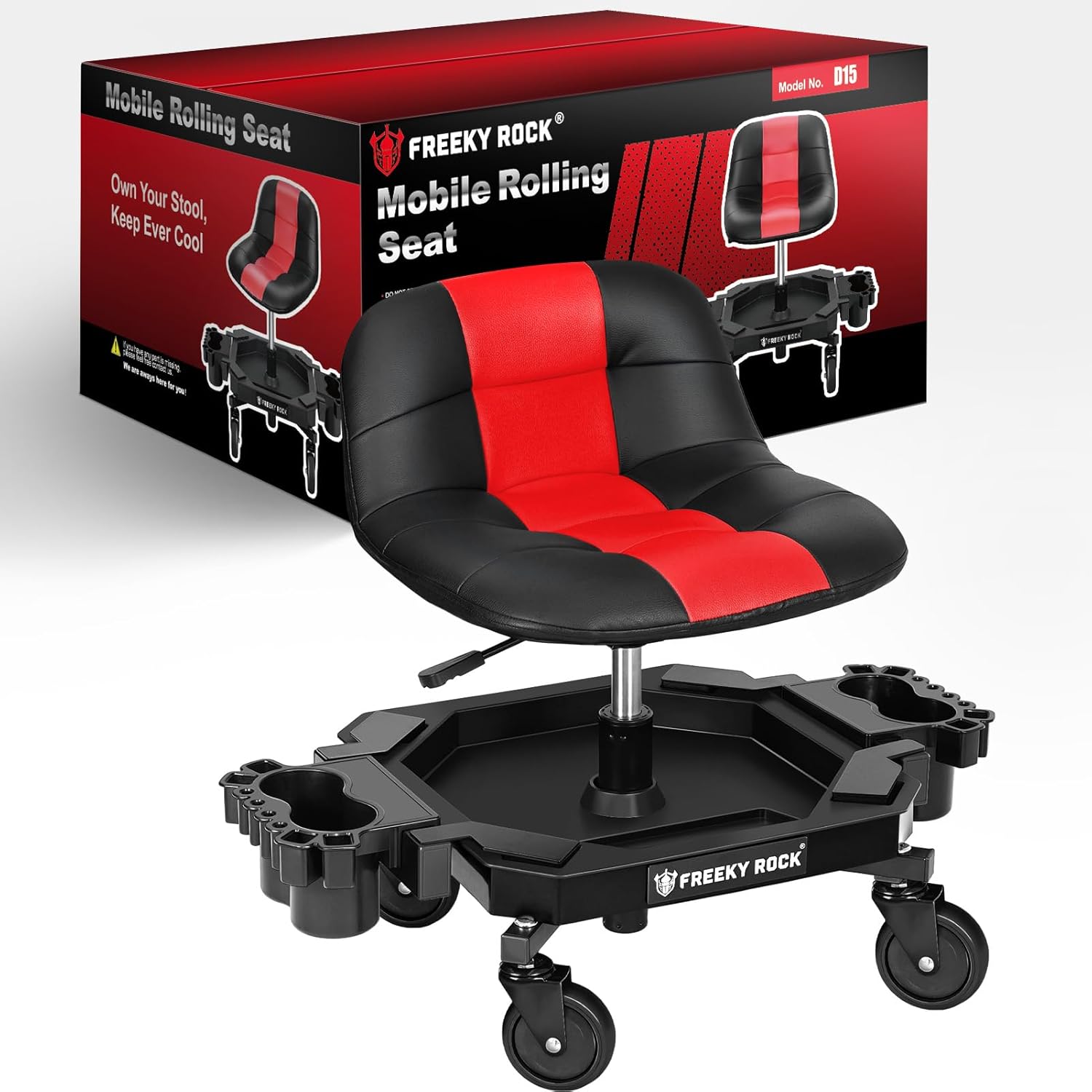 Rolling Stool with Wheels, Adjustable Height Pneumatic Garage Work Mechanic Stool Seat with Backrest, 400 LBS Capacity 360 Swivel Mechanic Crepper Chair with Tool Tray Storage, Red