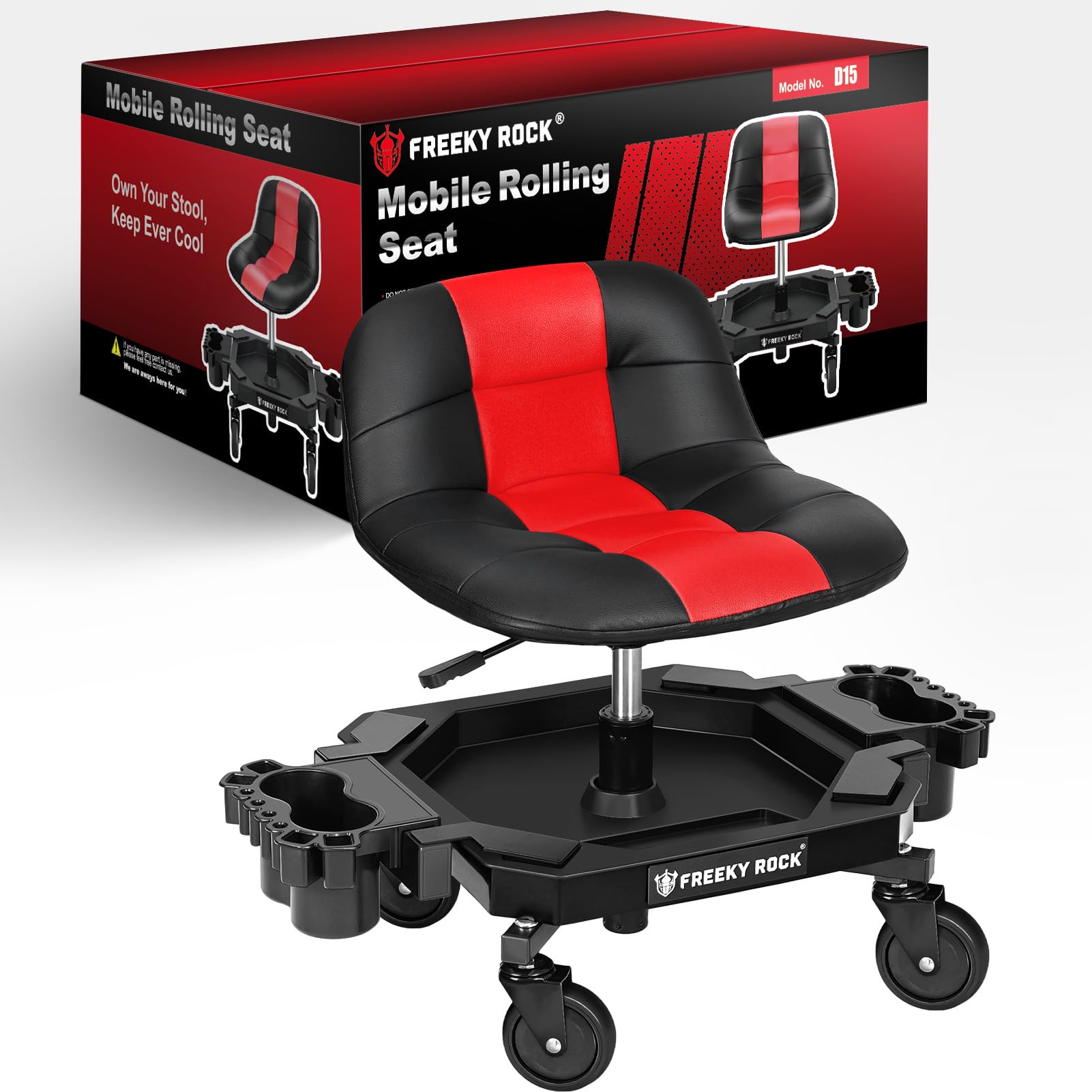 Adjustable Rolling Mechanic Stool with Wheels 400 LBS Capacity Red