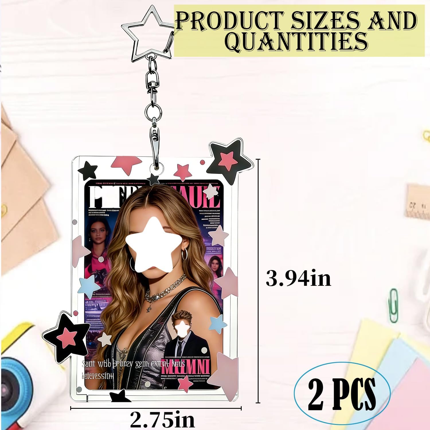 2 Pack Photocard Holder Keychain, Cute Acrylic Photo Card Holder with Star Pendant 2.75 Inch