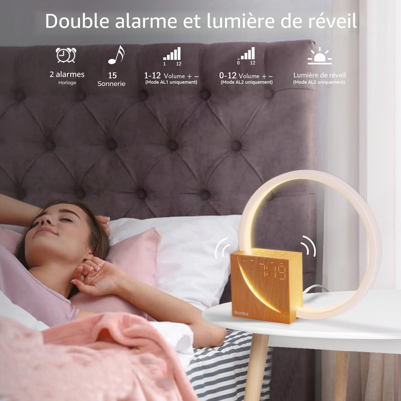 Blonbar Lampe de chevet avec charge USB, contrôle tactile, réveil lumineux, aide à l'endormissement, 3 niveaux de luminosité