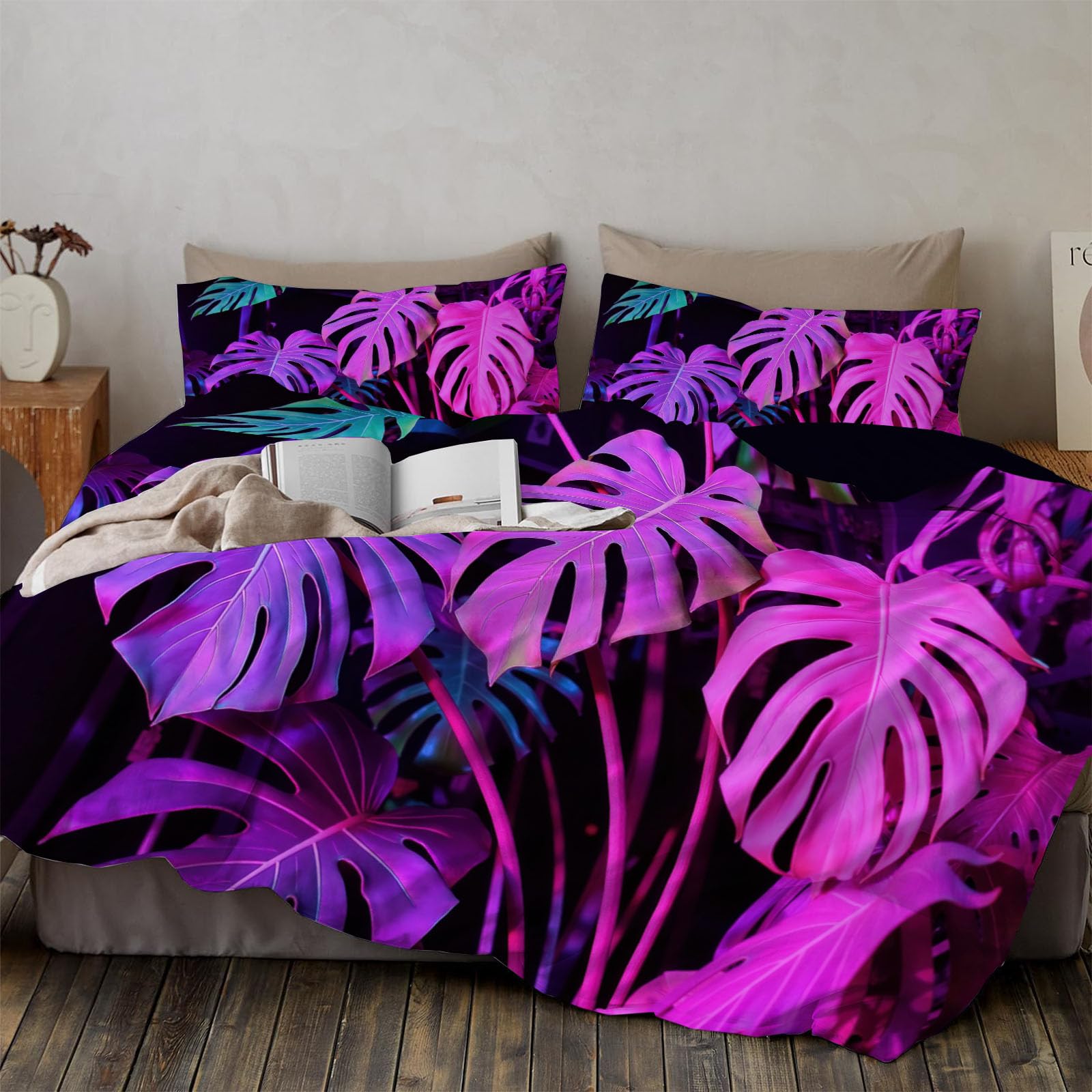 Housse de couette feuilles de monstera imprimé 3D violet parure de lit microfibre douce 140x200
