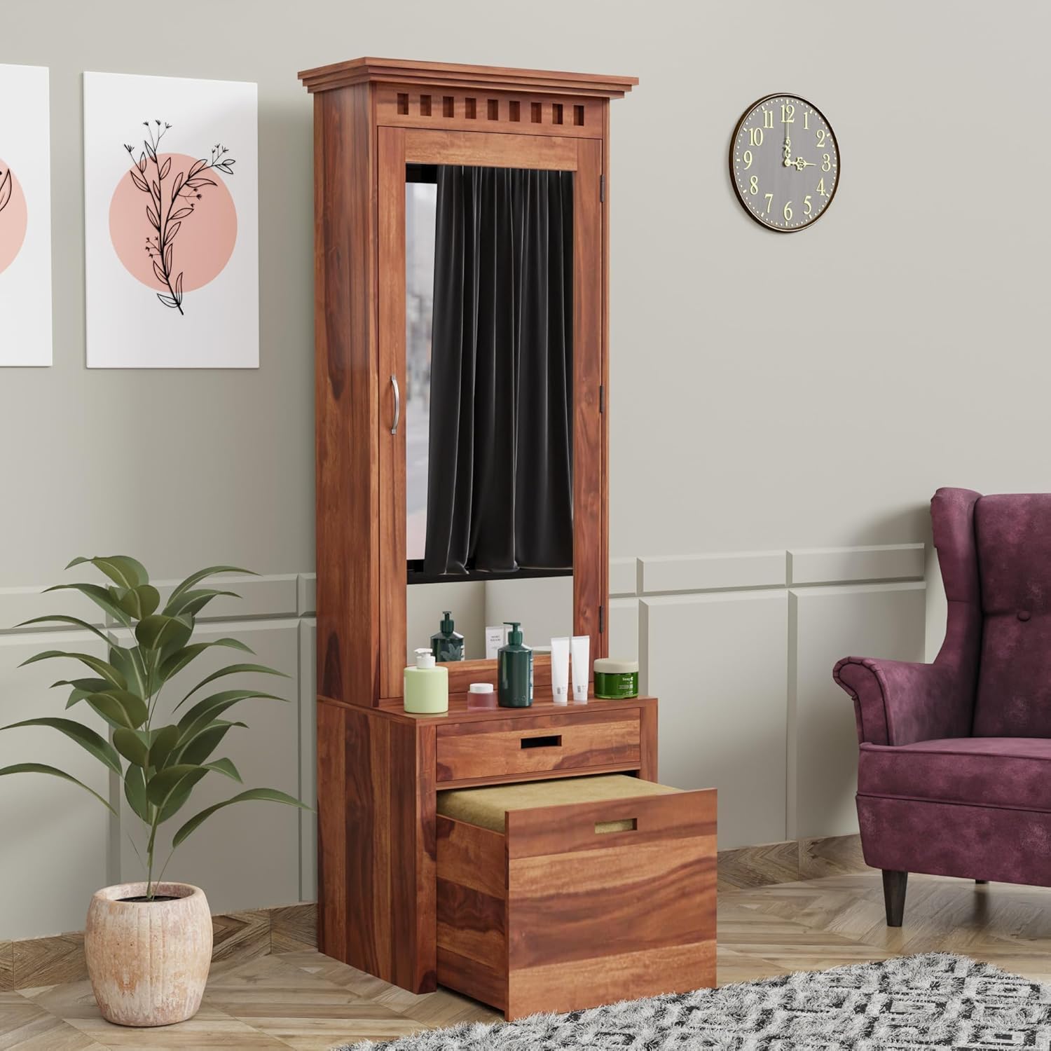 Sheesham Solid Wood Dressing Table with Mirror Storage || Wood Dressing Table with Stools & Shelve || Makeup Table Vanity Bedroom Furniture || Natural Finish-image-18