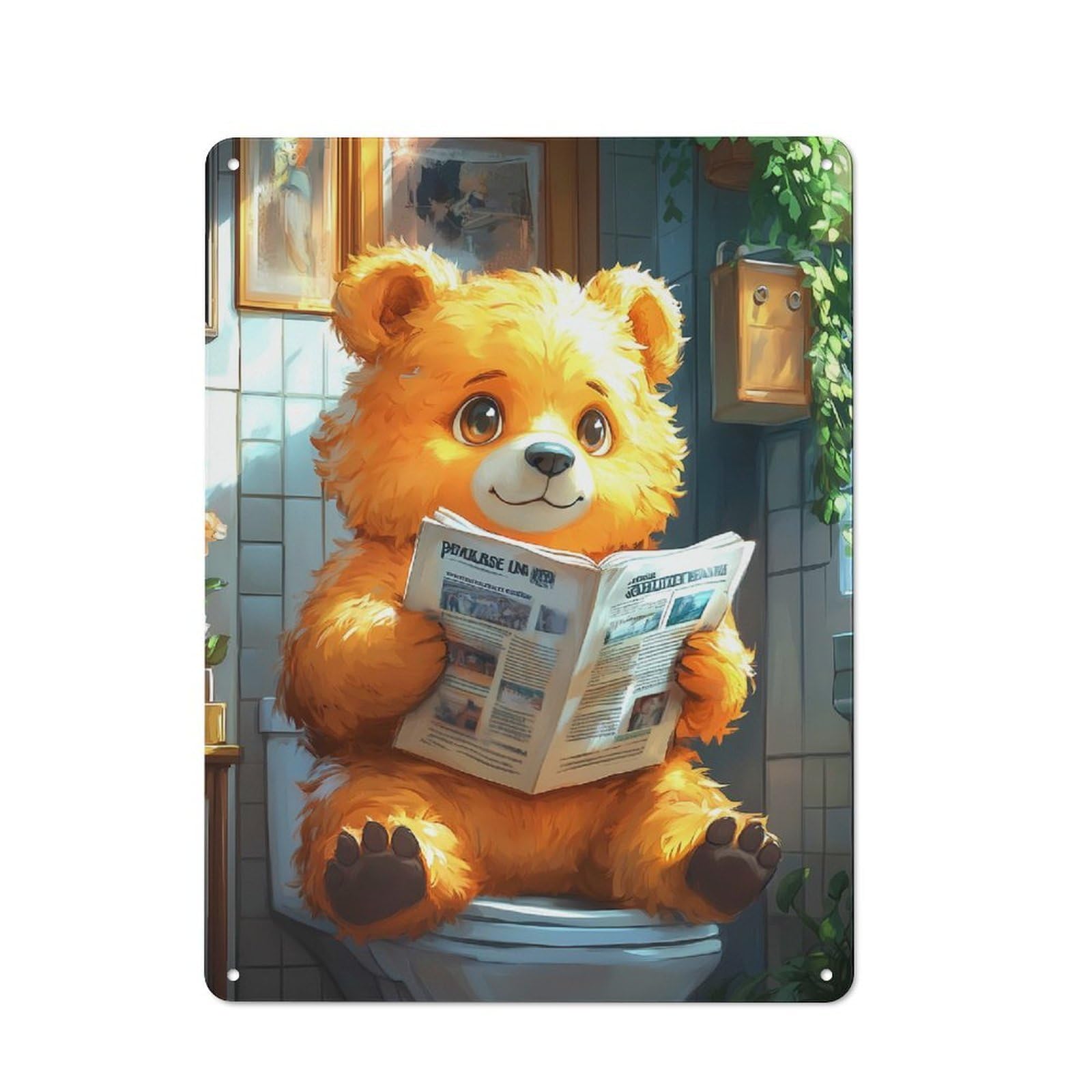Junmoney Bear Reading Newspaper On Toilet Funny Vintage Tin Sign 40X30cm Featuring For Café Or Home Bar, A Metal Wall Feature For Cafés And Home Bars