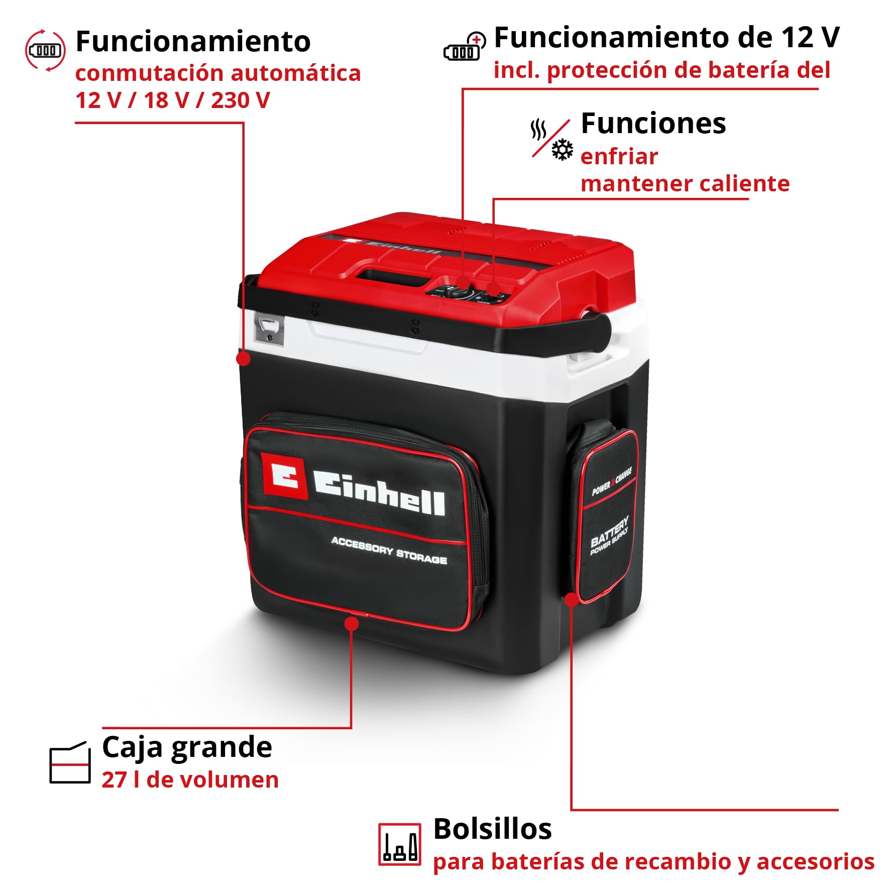 Nevera portátil con batería TE-Col 18/27 Li-Solo Power X-Change de Einhell (18 V, 27 l, Enfriar y Mantener Caliente, híbrido de 12 V para Coche, Enchufe de 230 V, Incl. Bolsillos, sin batería)