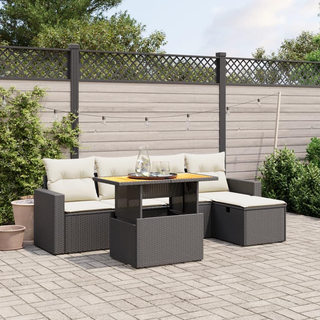 Juego de 6 sofás de jardín de polirratán negro con mesa regulable en altura de madera de acacia, conjunto de asientos modulares para terraza, balcón, patio, incluye cojines de asiento y