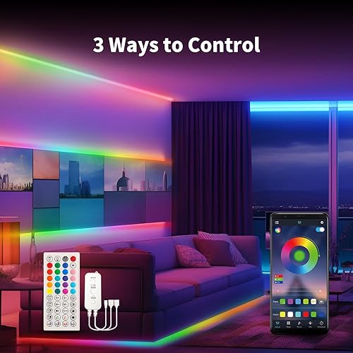 Miniatura 3 de Luces LED de neón RGB+IC de 52 pies, luces LED con control remoto RF y control de aplicación, flexible IP65 impermeable al aire libre,