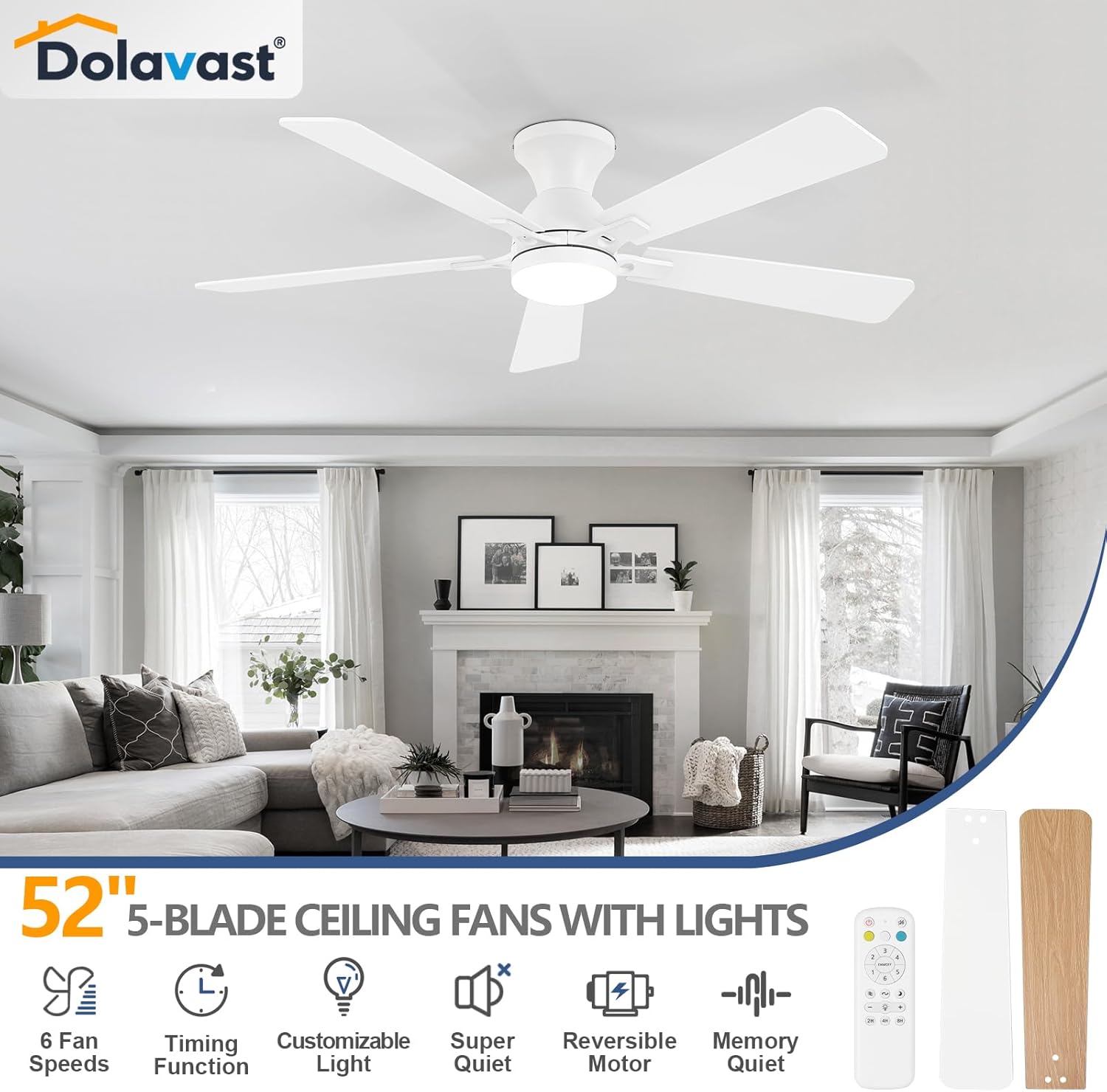 Ceiling Fans with Lights and Remote, 52 Inch White Ceiling Fan with Light, Low Profile Reversible Fandelier Ceiling Fan, Dimmable LED, Flush Mount, Quiet DC Motor, for Bedroom Kitchen - Image 2