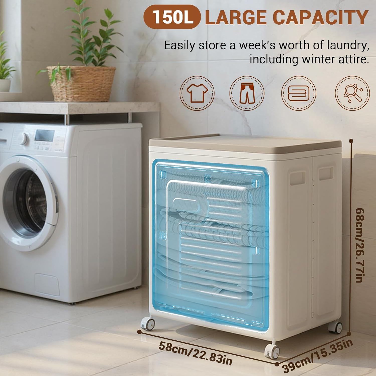 Rolling Laundry Hamper with Lid, 150l Large Capacity Clothes Storage Box Household Flip Clothing Quilt Storage Box Bedroom Collapsible Laundry Baskets with Wheels