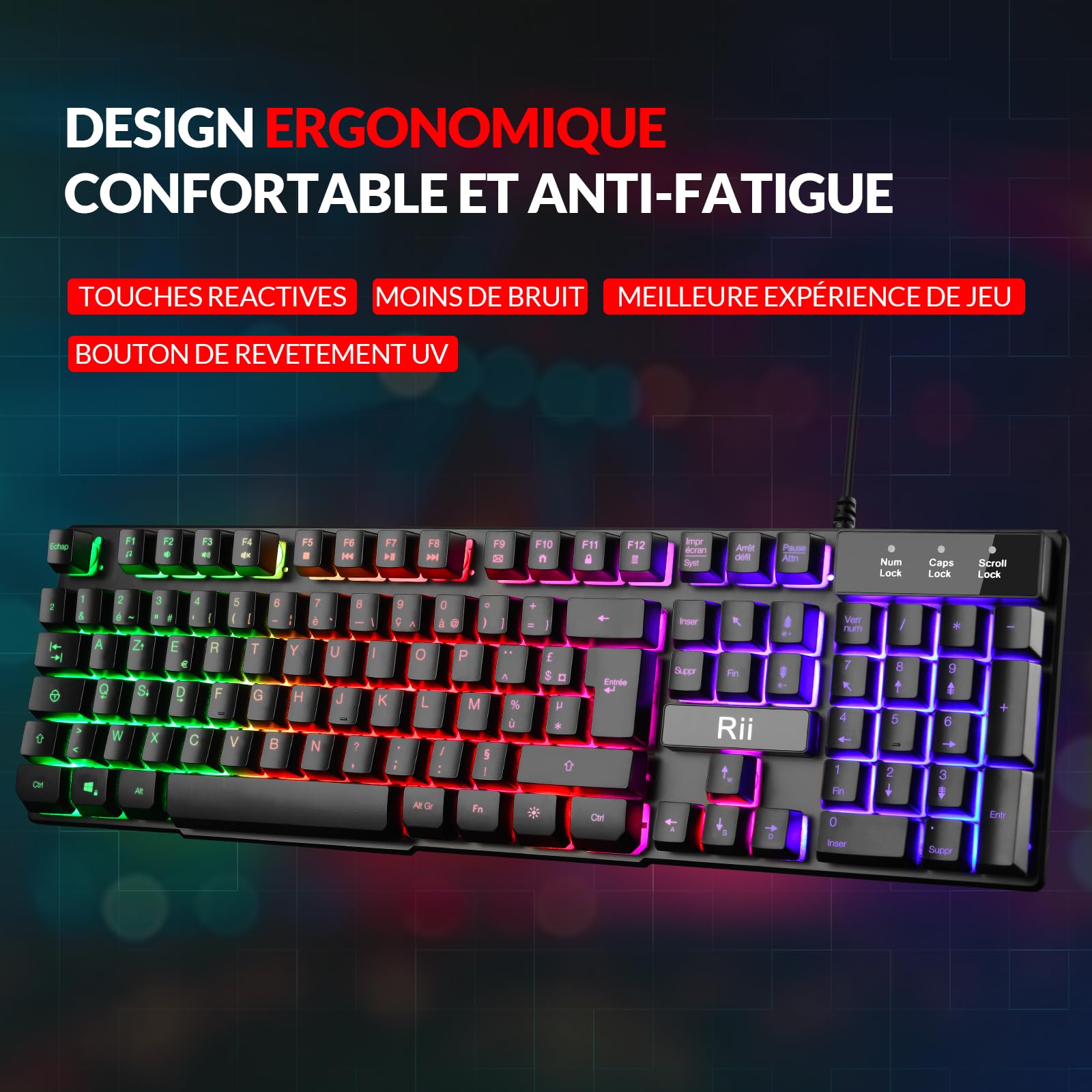 Rii Clavier Gamer - AZERTY - Nouveau Clavier USB Filaire - 105 Touches Semi-Mécaniques - 5 Couleurs LED Rétro - 11 Raccourcis Multimédia - pour PC Mac - PS4 PS5 - Noir