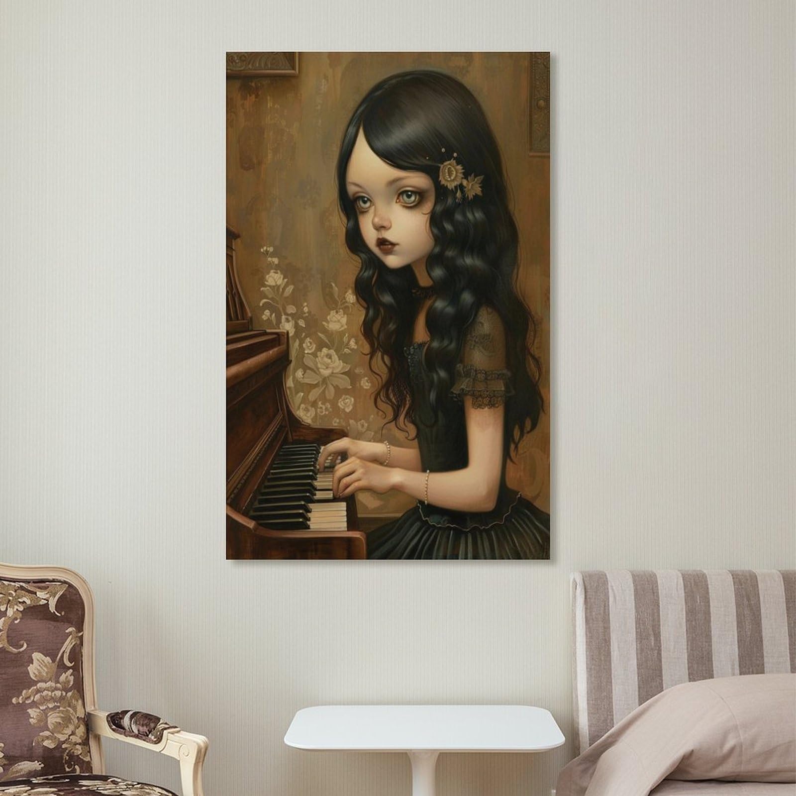 NFFBGFD Mädchen Spielt Klavie - Poster su tela, decorazione per camera da letto, ufficio, stanza, regalo, 60 x 90 cm