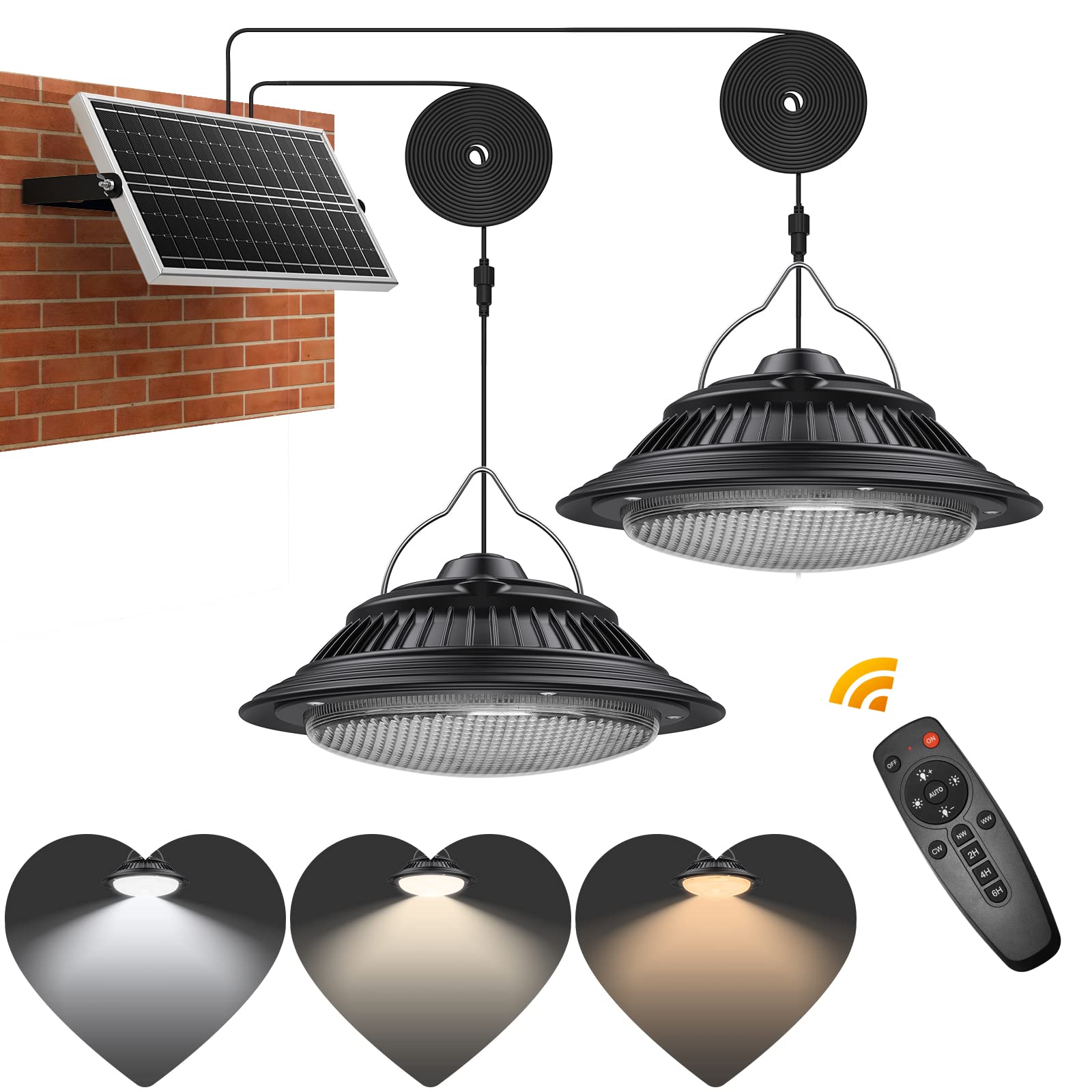 SunBonar Solar Shed Lights Indoor 2 Pack, 3200K/4000K/6000K Dimmable Daytime Available Solar Pendant Lights Outdoor with ON Off Switch & Remote Solar Hanging Chandelier Lights for Home Barn Garage