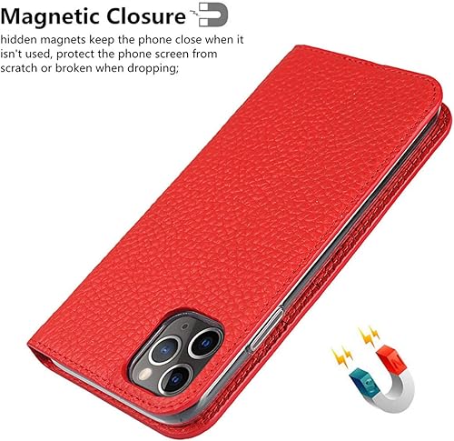 Miniatura 7 de iCoverCase Funda de piel auténtica compatible con iPhone 11 Pro, correa de muñeca, tarjetero, cierre magnético, función atril, funda abatible (rojo)