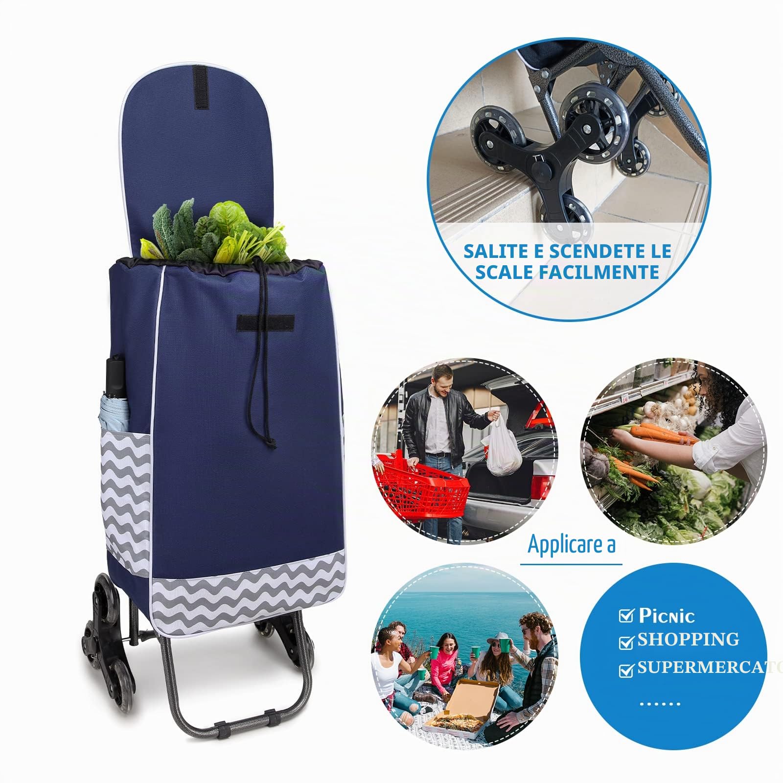 Kono Carrello Spesa 6 Ruotes Carrello Saliscale Pieghevole 2 en 1 Trolley per La Spesa con Borsa Impermeabile Rimovibile (Marina Militare)