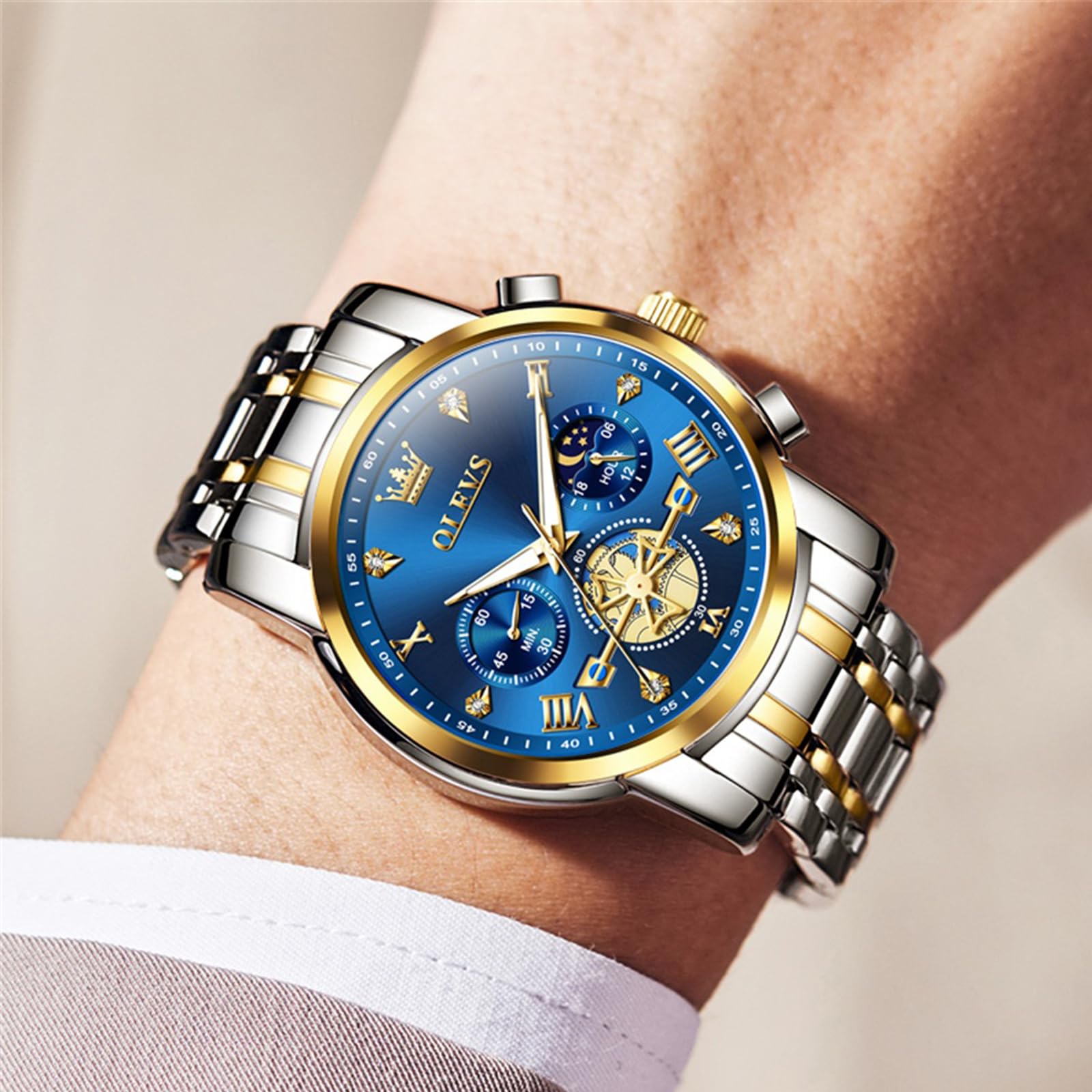 OLEVS Orologio da uomo con codice temporale, cinturino in acciaio inossidabile, impermeabile, multi funzionale, orologio da lavoro, al quarzo, rotondo, lussuoso, per uomo