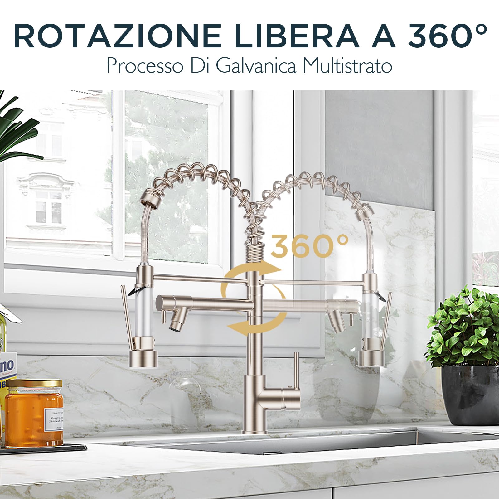 FORIOUS Rubinetto Cucina, Miscelatore Lavello Cucina in Acciaio Inossidabile, Rubinetto Lavabo Cucina Due Maniglie, Rotazione a 360° e Doppio Spruzzo