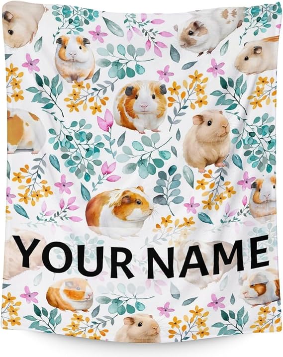 Personalized Guinea Pig Blanket Gifts with Name - 30x40 Inches Cute Throw for Girls & Boys - White Soft Fuzzy Blankets for Couch & Office