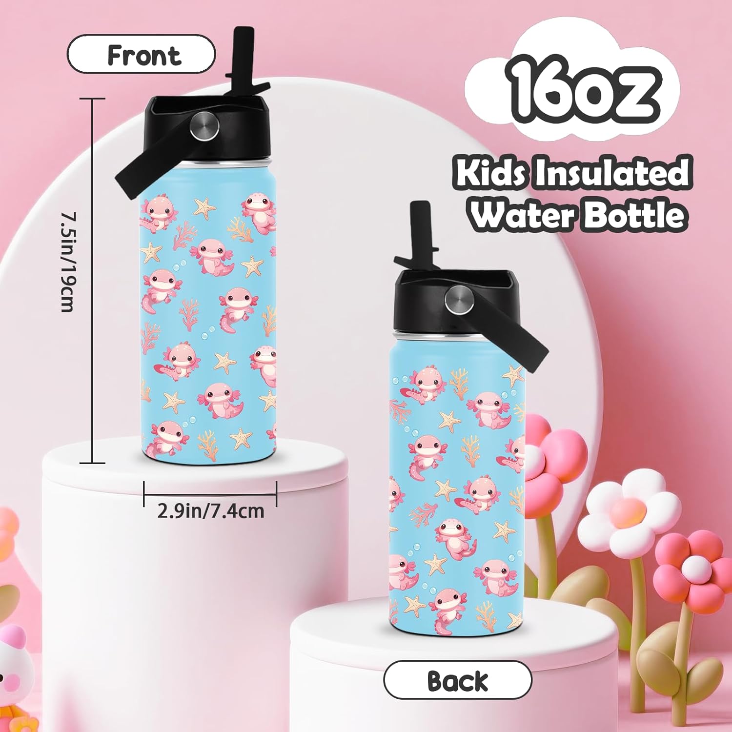 Axolotl Water Bottle 16oz - Axolotl Stainless Steel Water Bottle with Straw - Cute Axolotls Insulated Cup for Girls Boys - Axolotls Kids Tumbler for School, Sports, Travel - Image 3