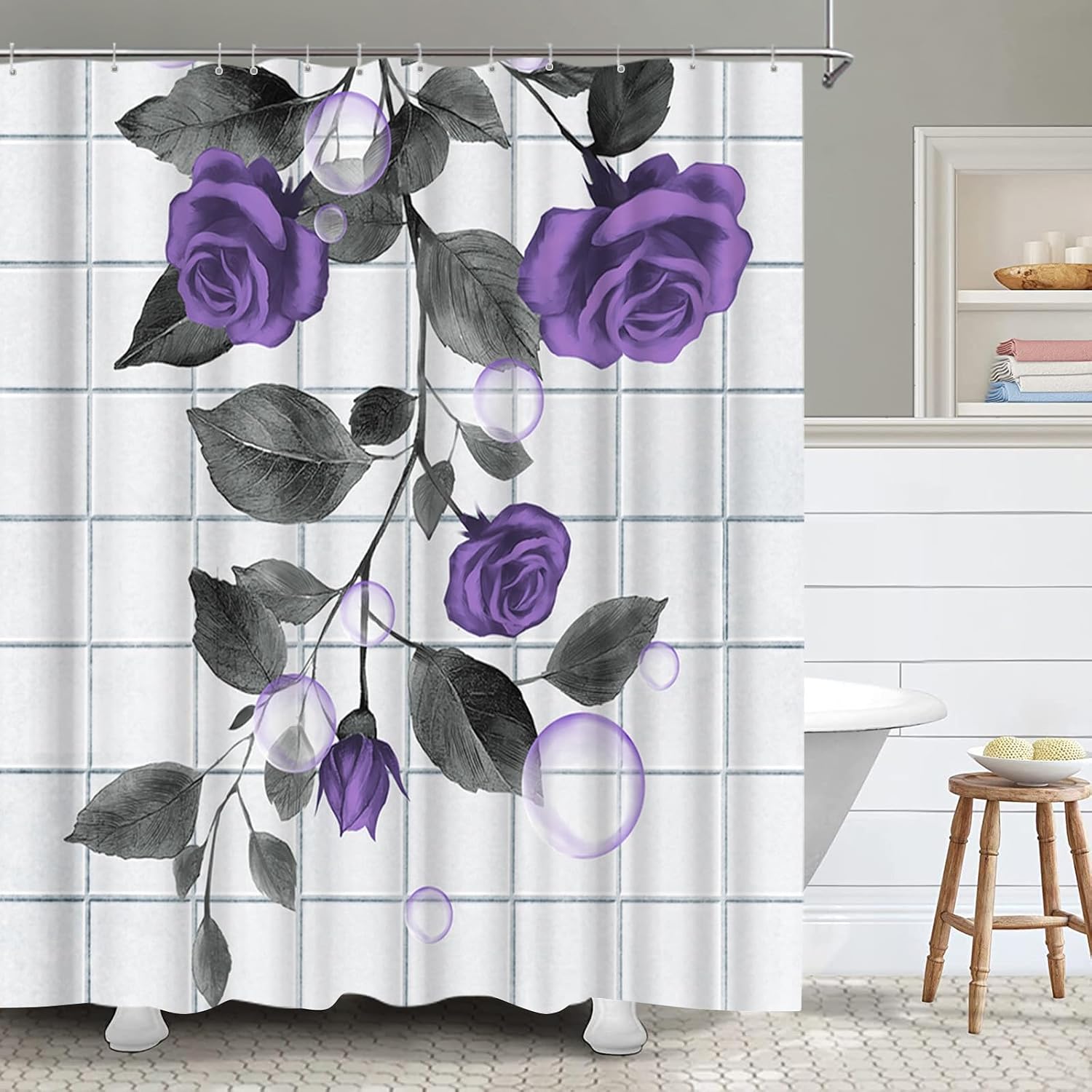 FuShvre Purple Grey Shower Curtains Purple Flower Bathroom Curtain Set Rose Bathroom Decor Hooks Included 72"x72"
